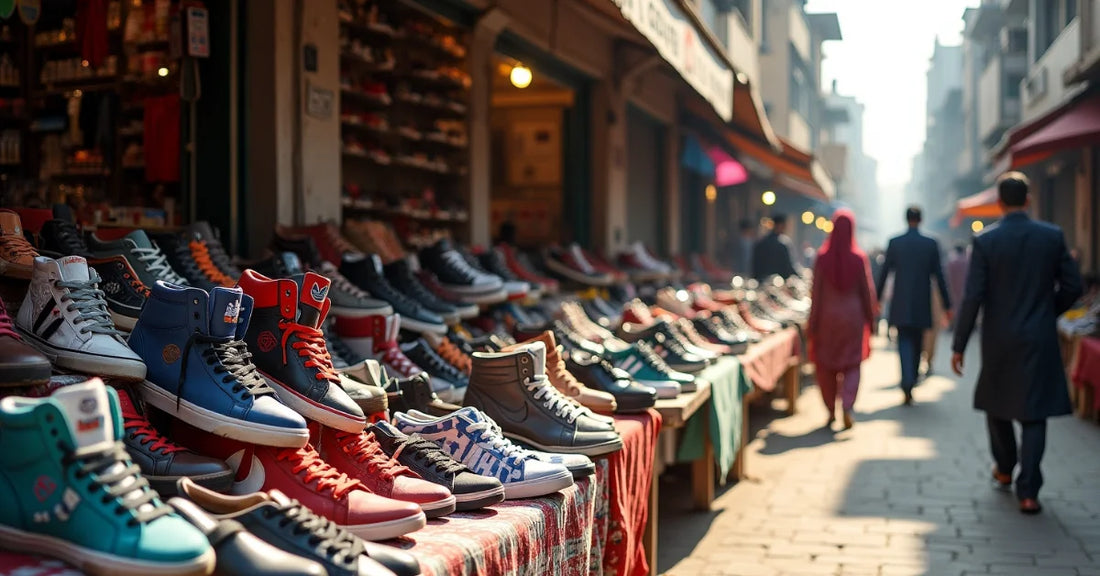 Street market in Pakistan showcasing rows of second hand shoes with people walking through the alley.