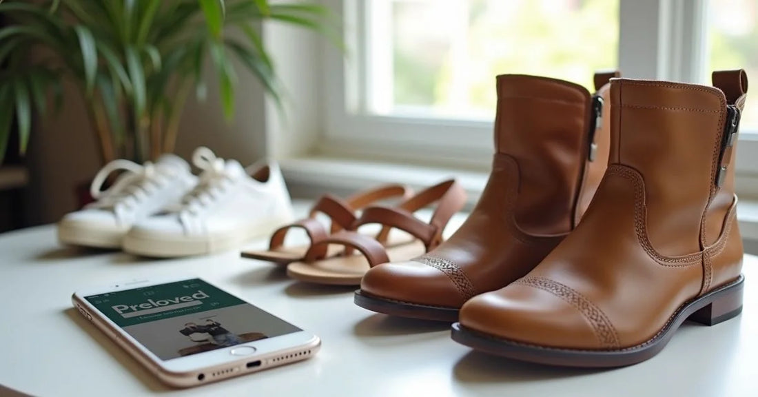 Variety of second-hand shoes placed next to a smartphone browsing PrelovedTreasures.pk.
