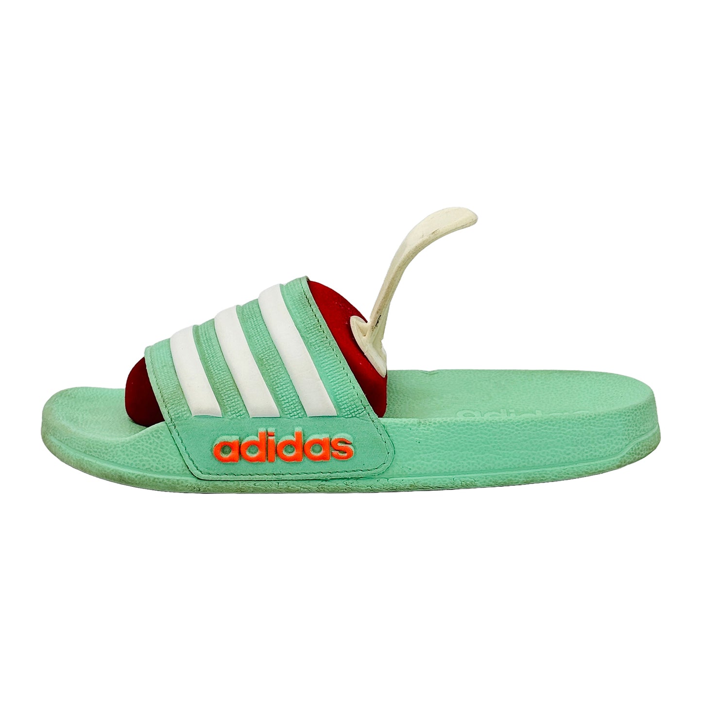 Adidas Adilette Shower Slippers in green color with white stripes on a white background