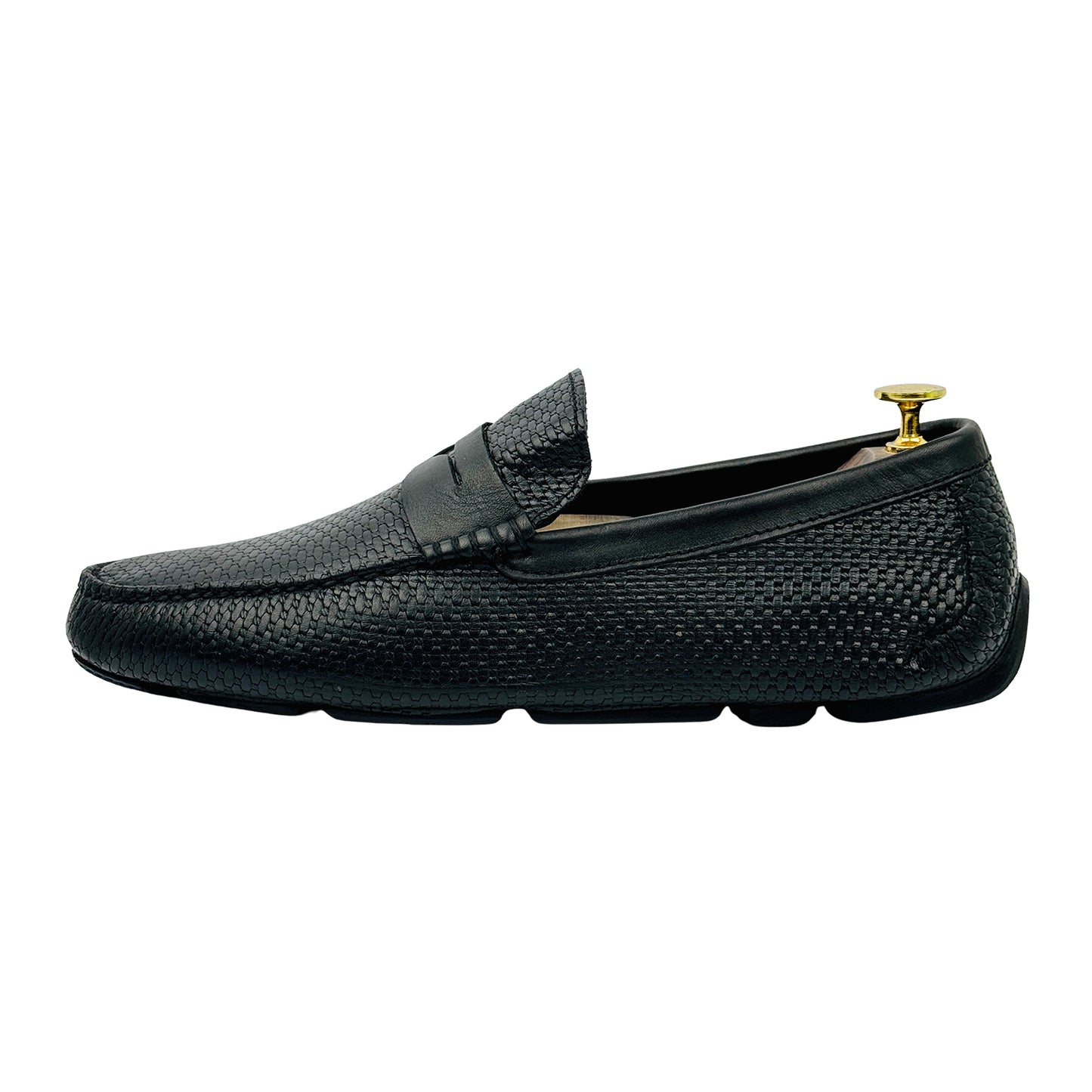 Altan Men's Black Woven Textured Leather Loafers (Size 42/42.5)