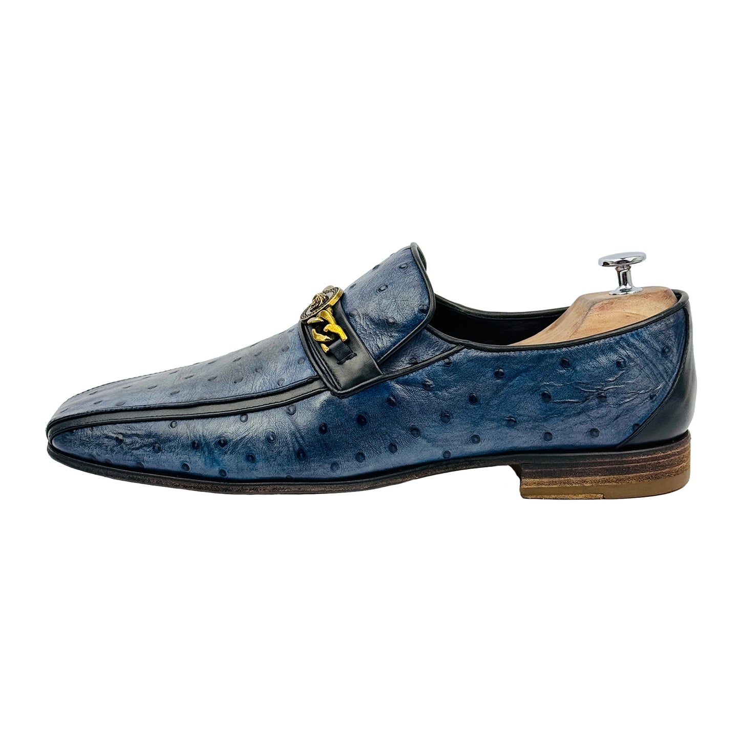 Versace Blue Ostrich Leather Medusa Chain Detail Loafers (Size 45/45.5)