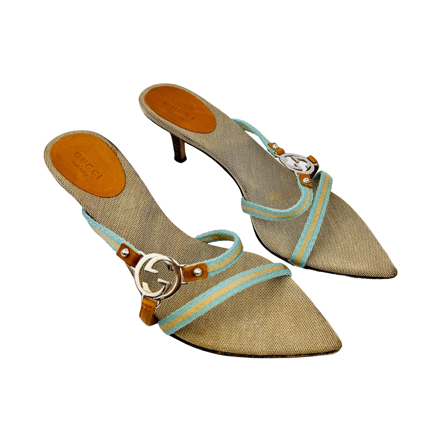 Gucci Multicolor Strap with Silver GG Logo Heels (Size 37/37.5)
