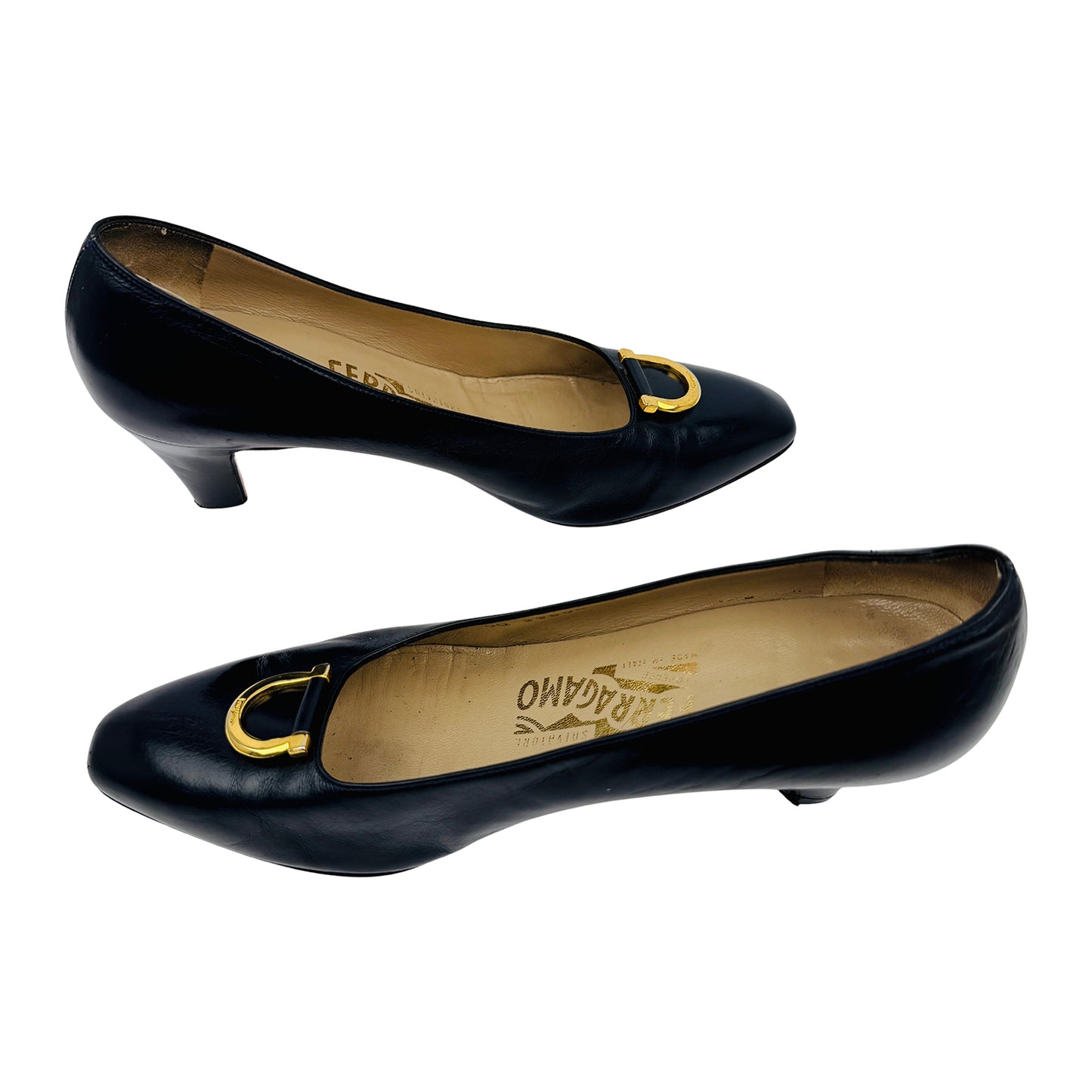 Salvatore Ferragamo Gancini Mid-Heel Leather Pumps (Size 38)