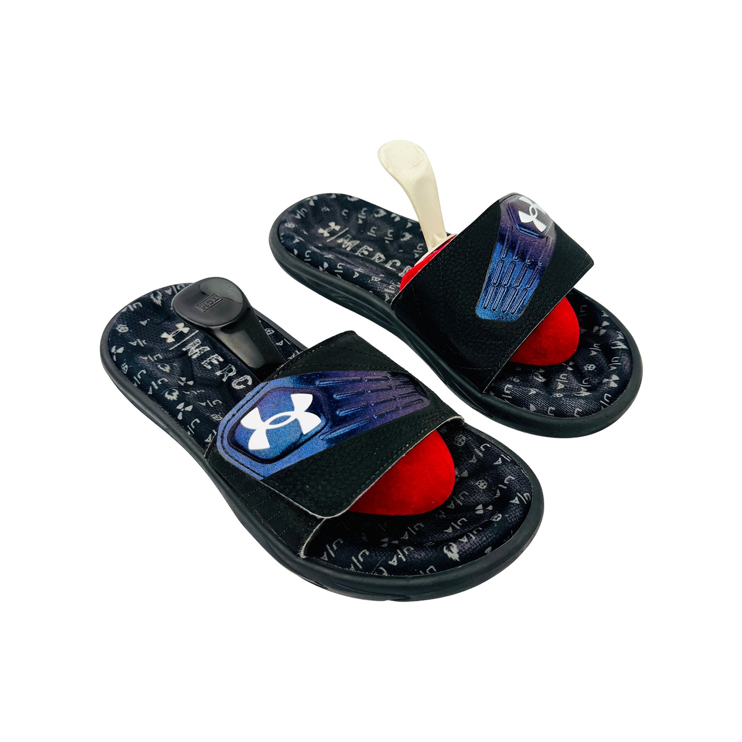 Black slides with red filling and Under Armour logo on a white background