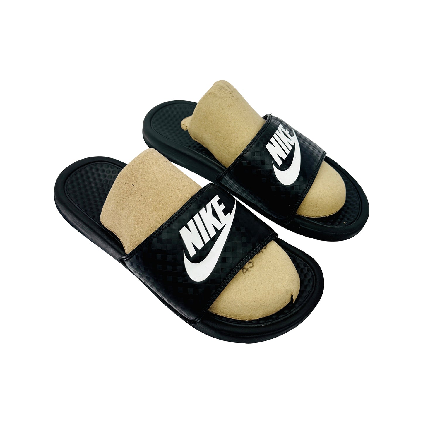 Black Nike Benassi JDI slides with tan filling on a white background