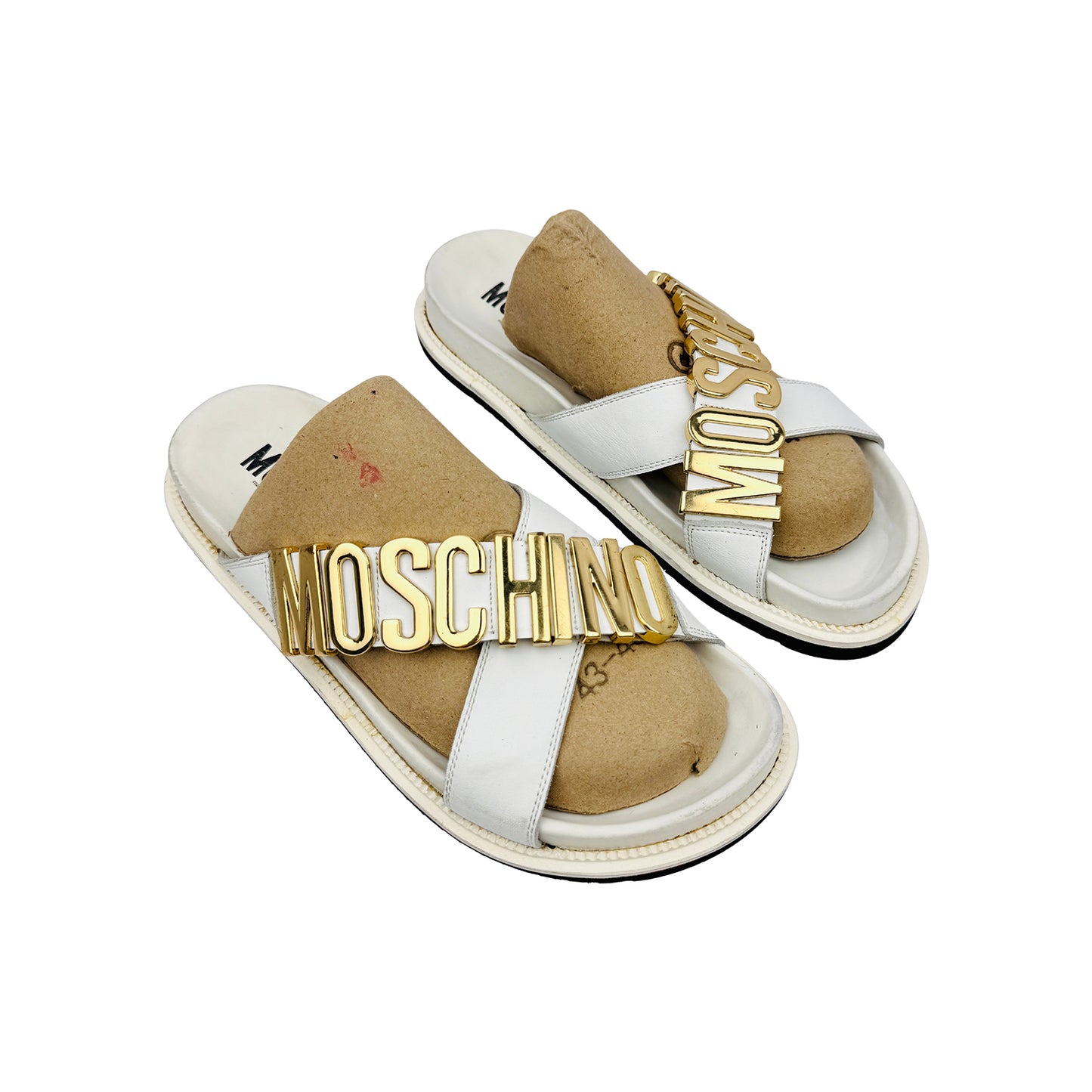Moschino Lettering Logo Charm Leather White Slides (Size 41/42)