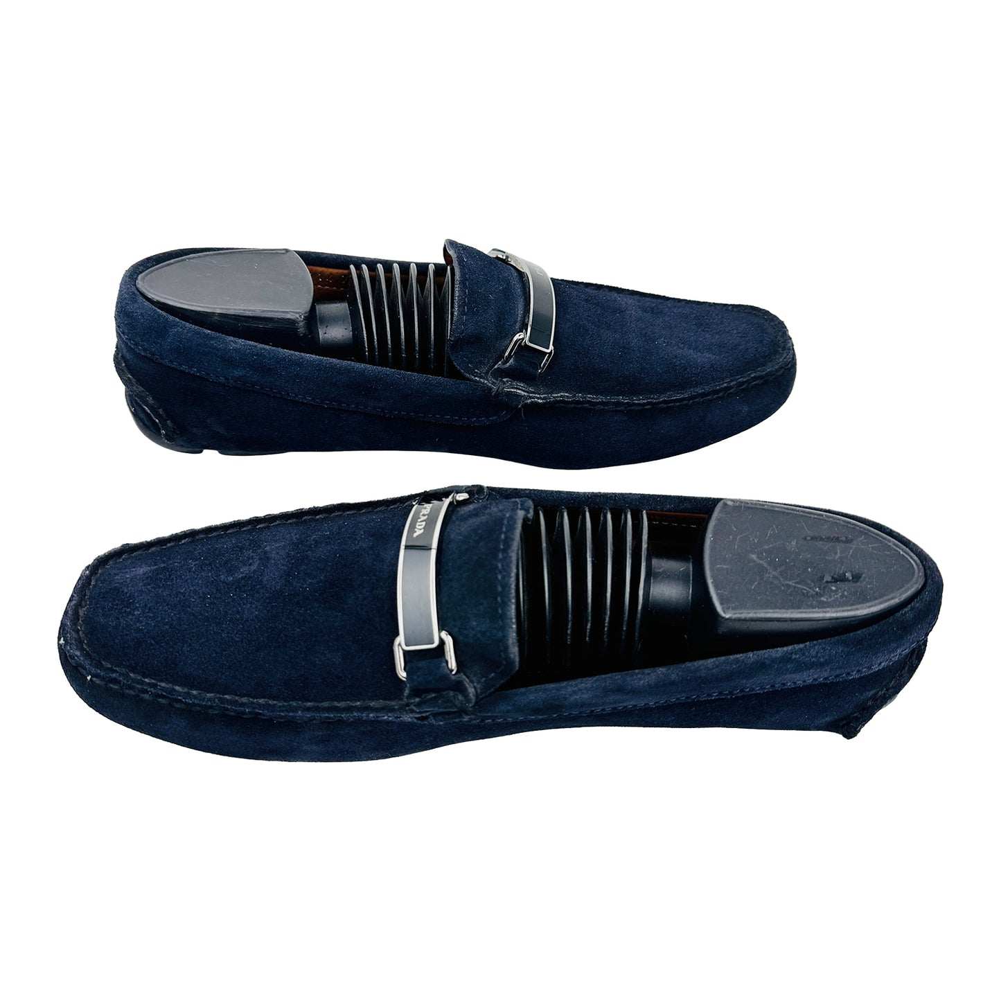 Cross Image of Prada Men's Navy Logo Driving Loafers (Size 41/41.5)