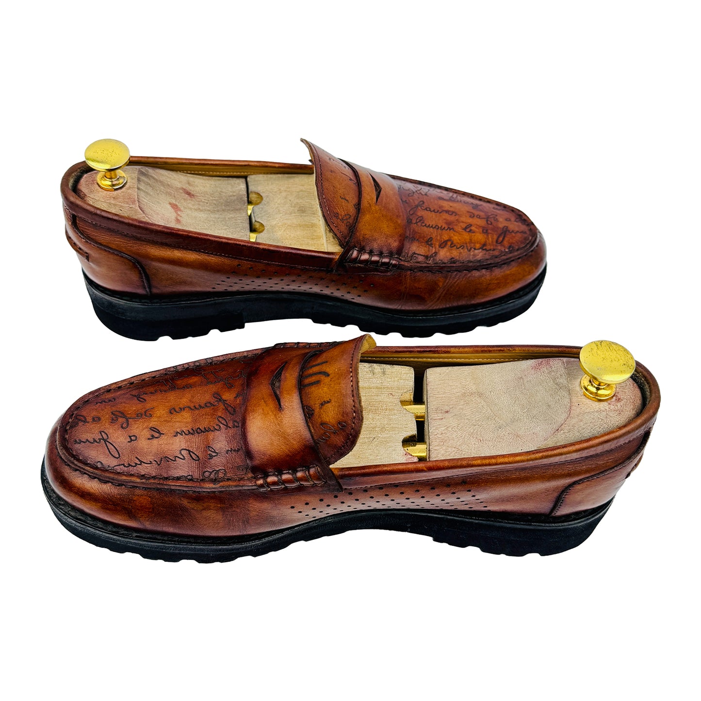 Cross image of Berluti Men's Signature Scritto Patina Brown Loafers (Size 41/41.5)