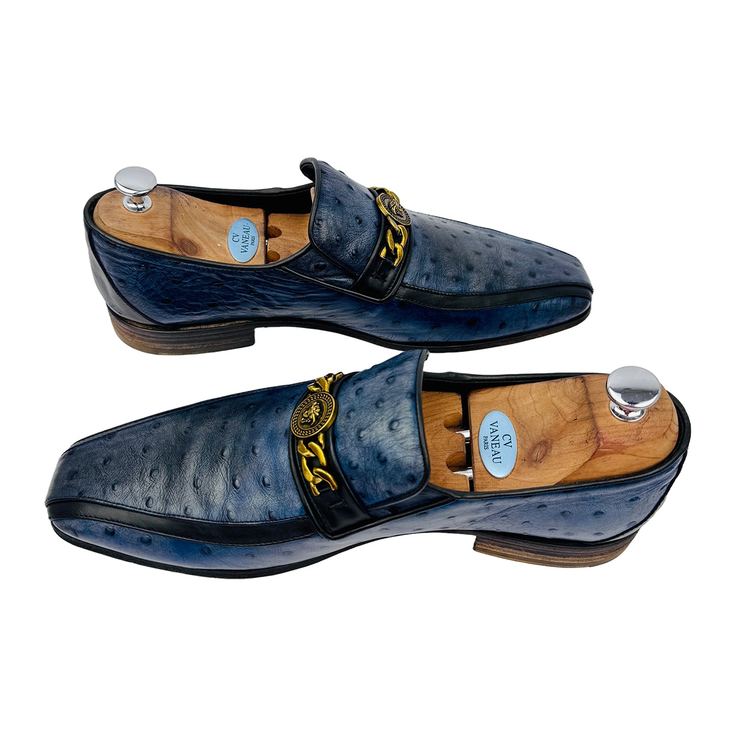 Versace Blue Ostrich Leather Medusa Chain Detail Loafers (Size 45/45.5)