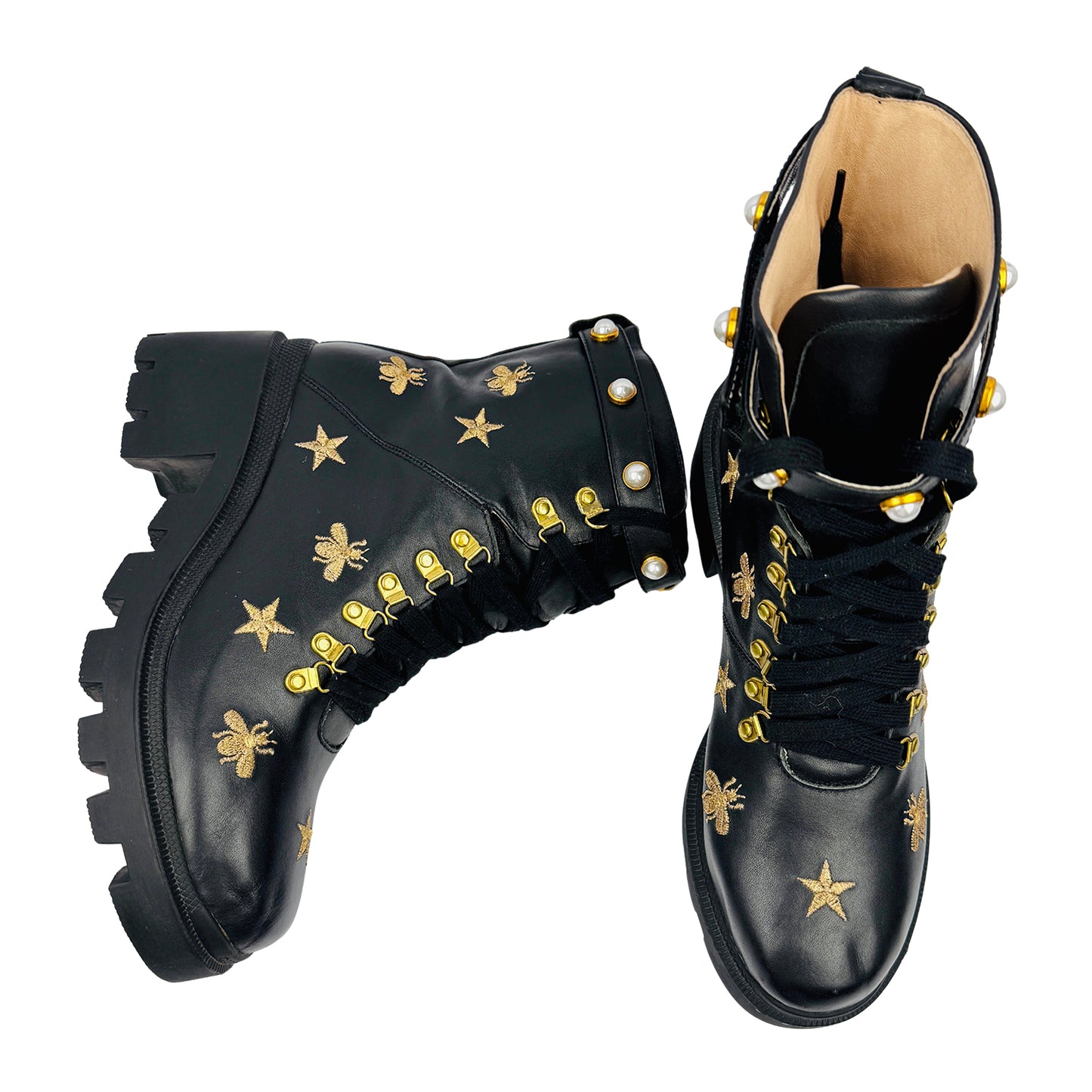 Gucci Bee Star Embroidered Combat Ankle Boots (Size 40/41)