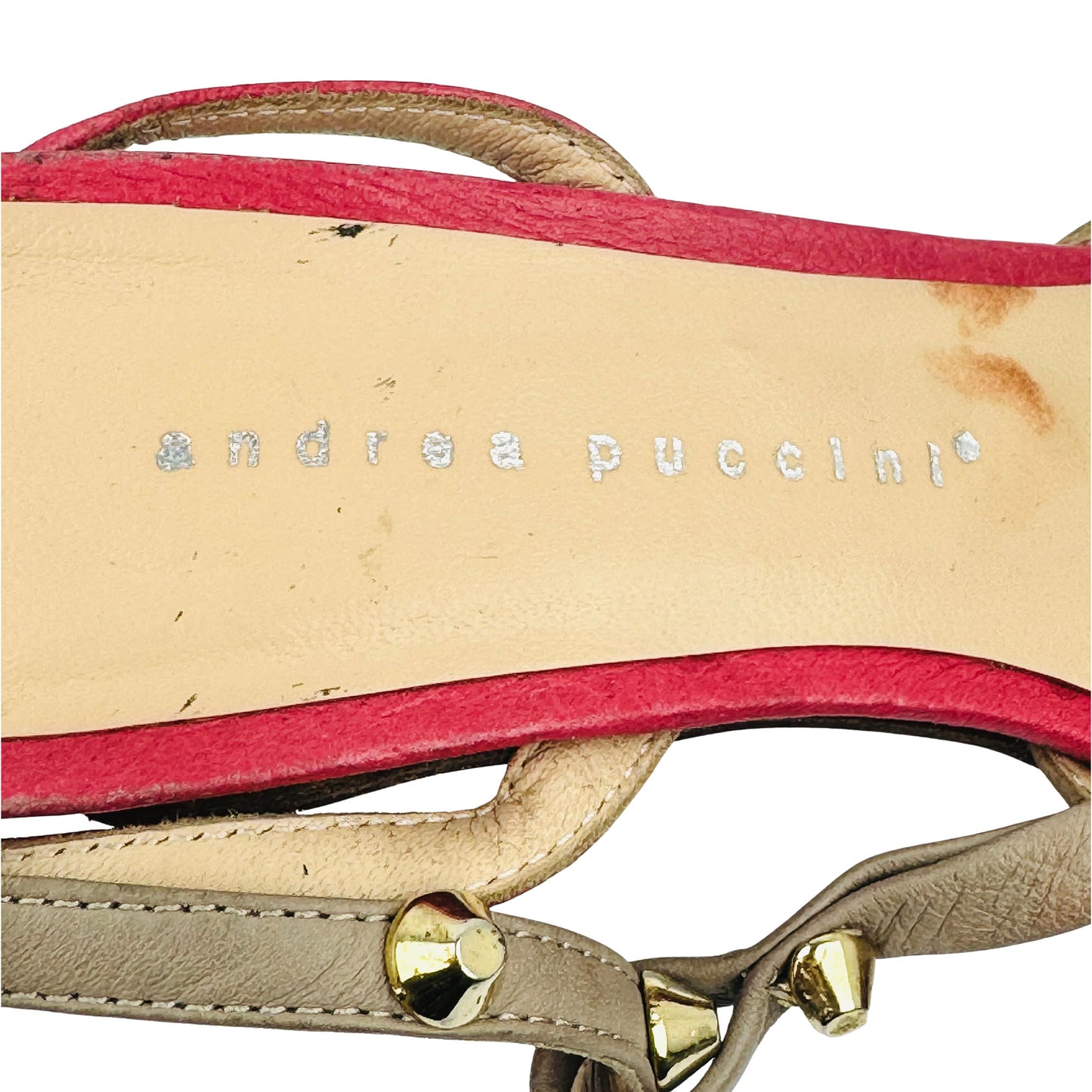 Andrea Puccini Gold-Tone Studs Heel Sandals (Size 38.5)
