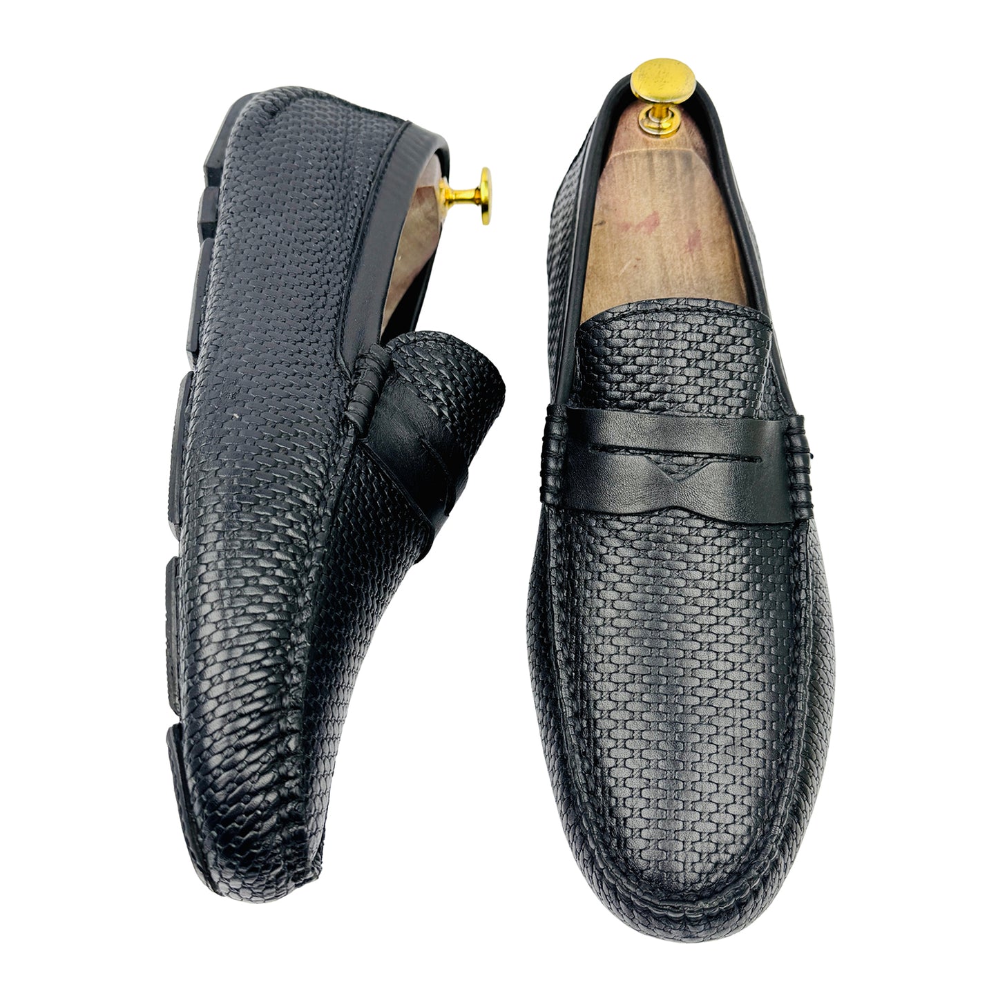 Altan Men's Black Woven Textured Leather Loafers (Size 42/42.5)