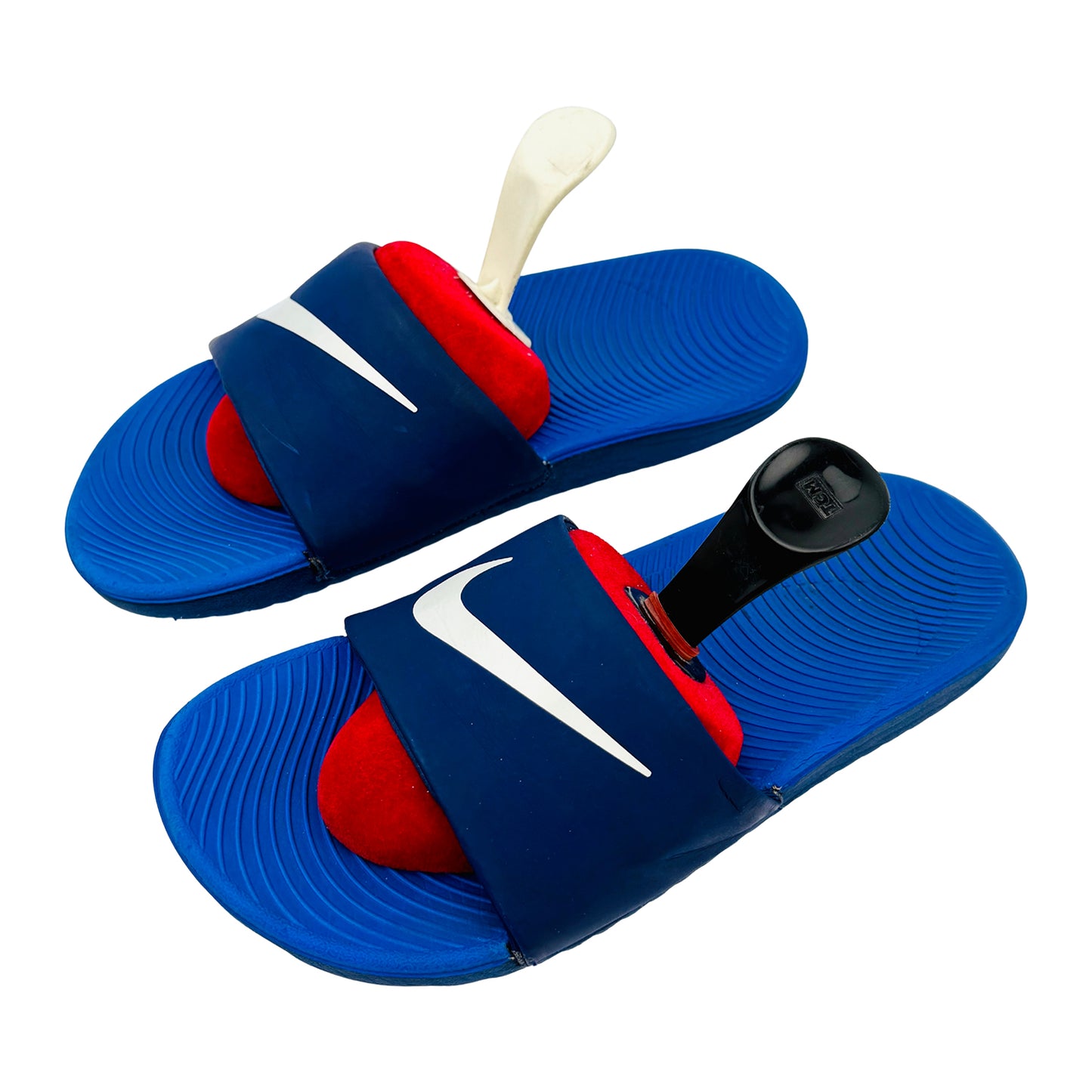 Nike Blue slides with a white logo on a white background