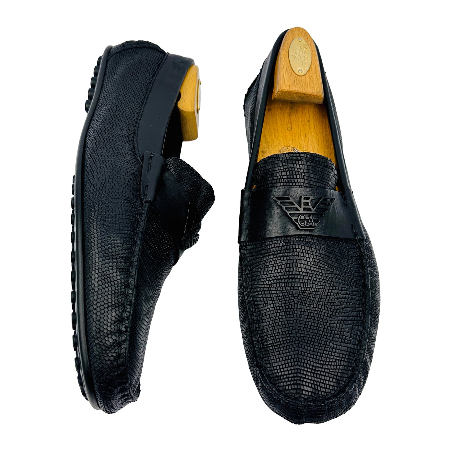 One Front One Cross image of Emporio Armani Men's Black Textured Loafers (Size 42.5/43) - X4B064
