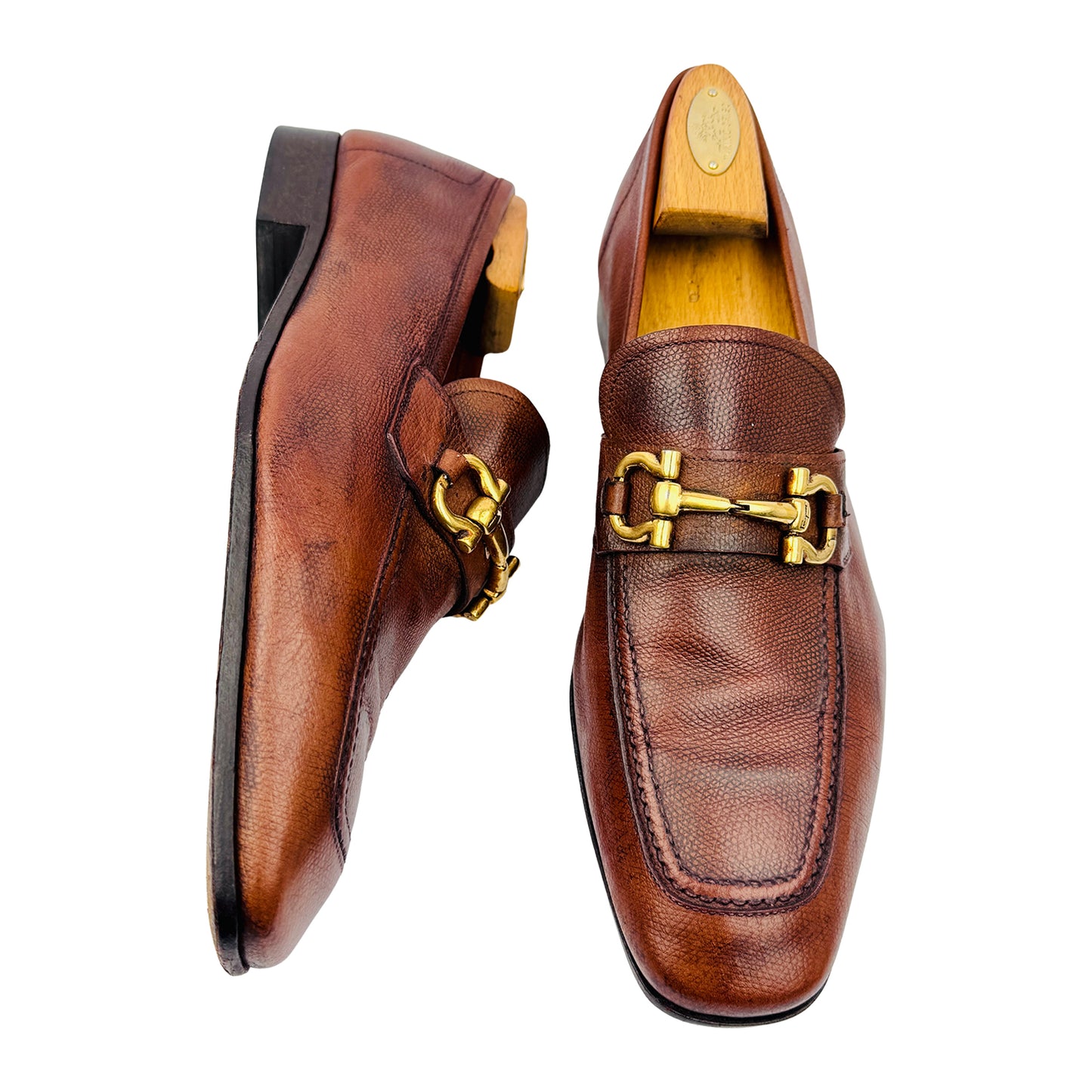 Salvatore Ferragamo Gancini Bit Brown Textured Loafers (Size 43.5/44)