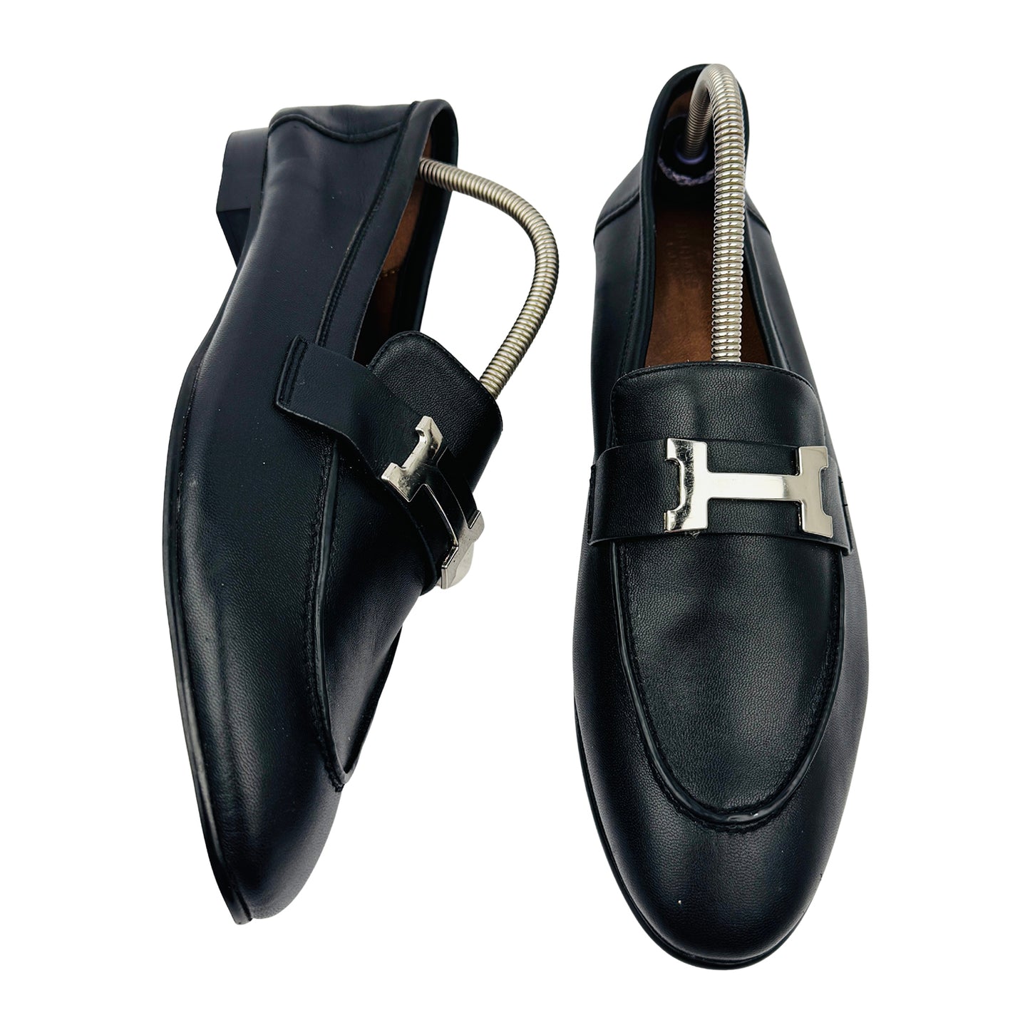 Hermes Paris Black Leather 'H Buckle' Loafers (Size 38)