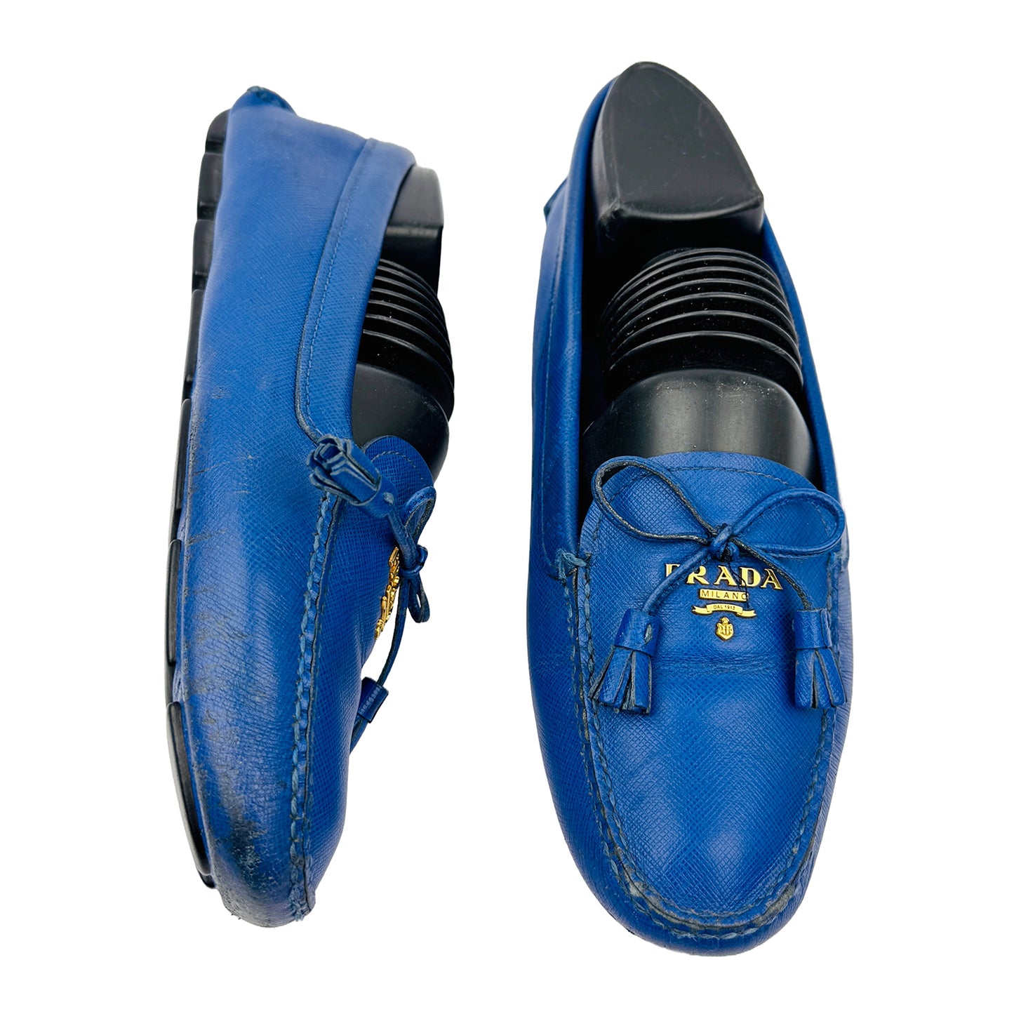 Prada Saffiano Tassel Bow Blue Leather Loafers (Size 38.5)