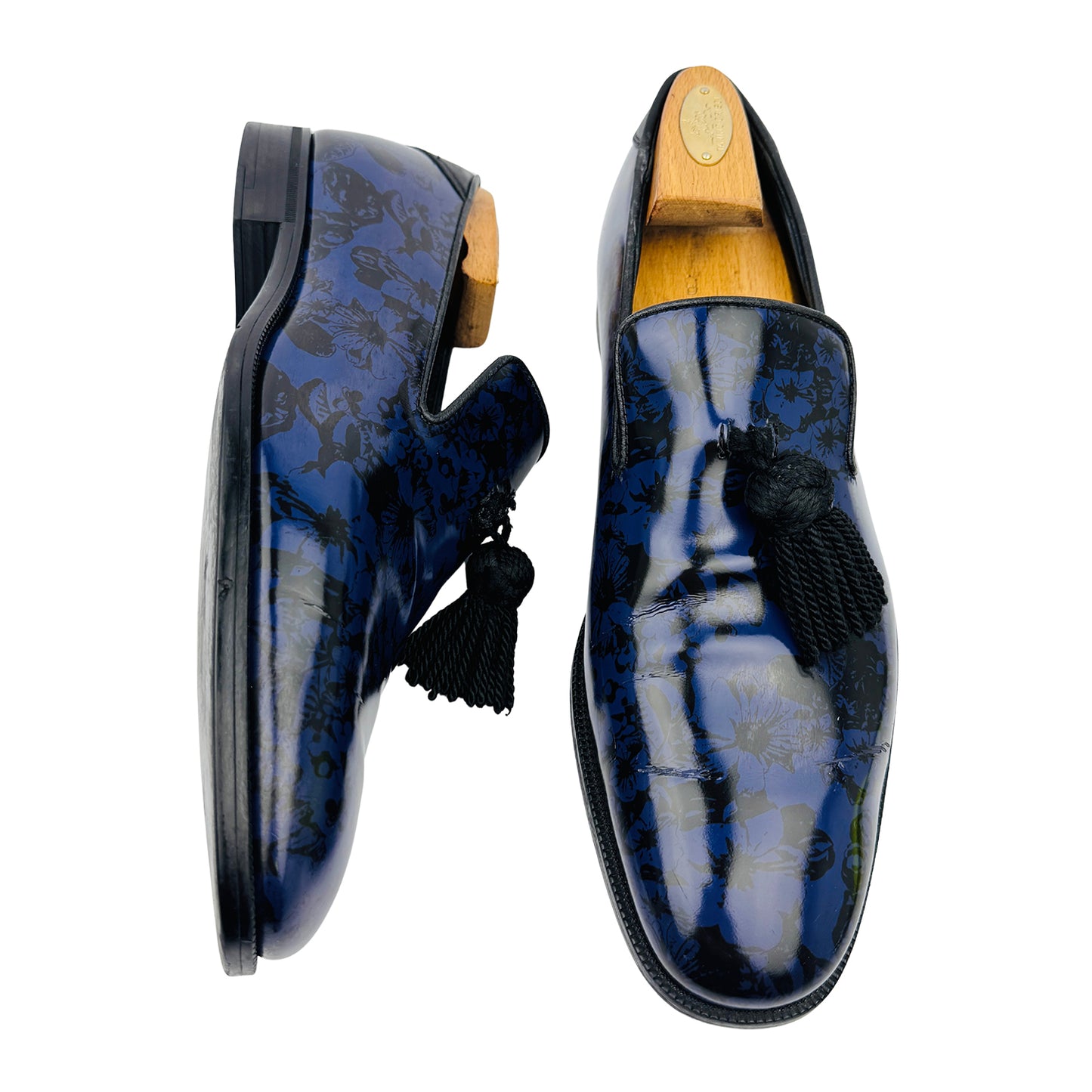 Jimmy Choo Blue Floral Tassel Patent Loafers (Size 43/43.5)