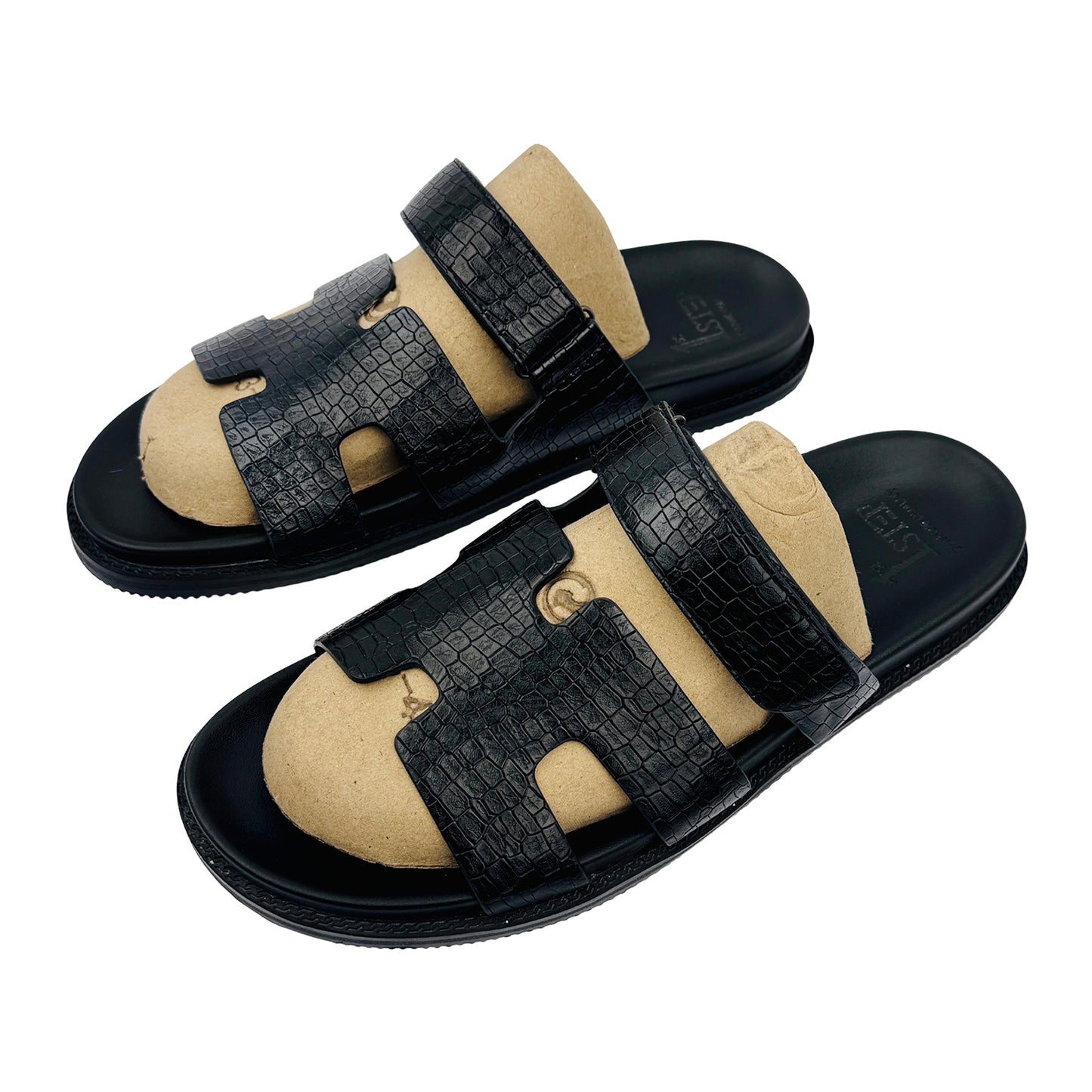 1st Step Croc-Embossed Black Leather Slides (Size 43/44)