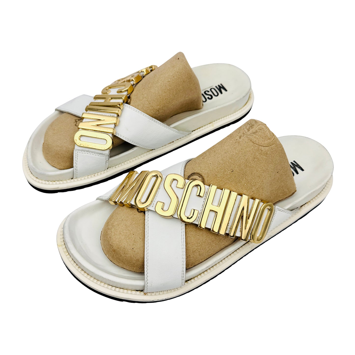 Moschino Lettering Logo Charm Leather White Slides (Size 41/42)