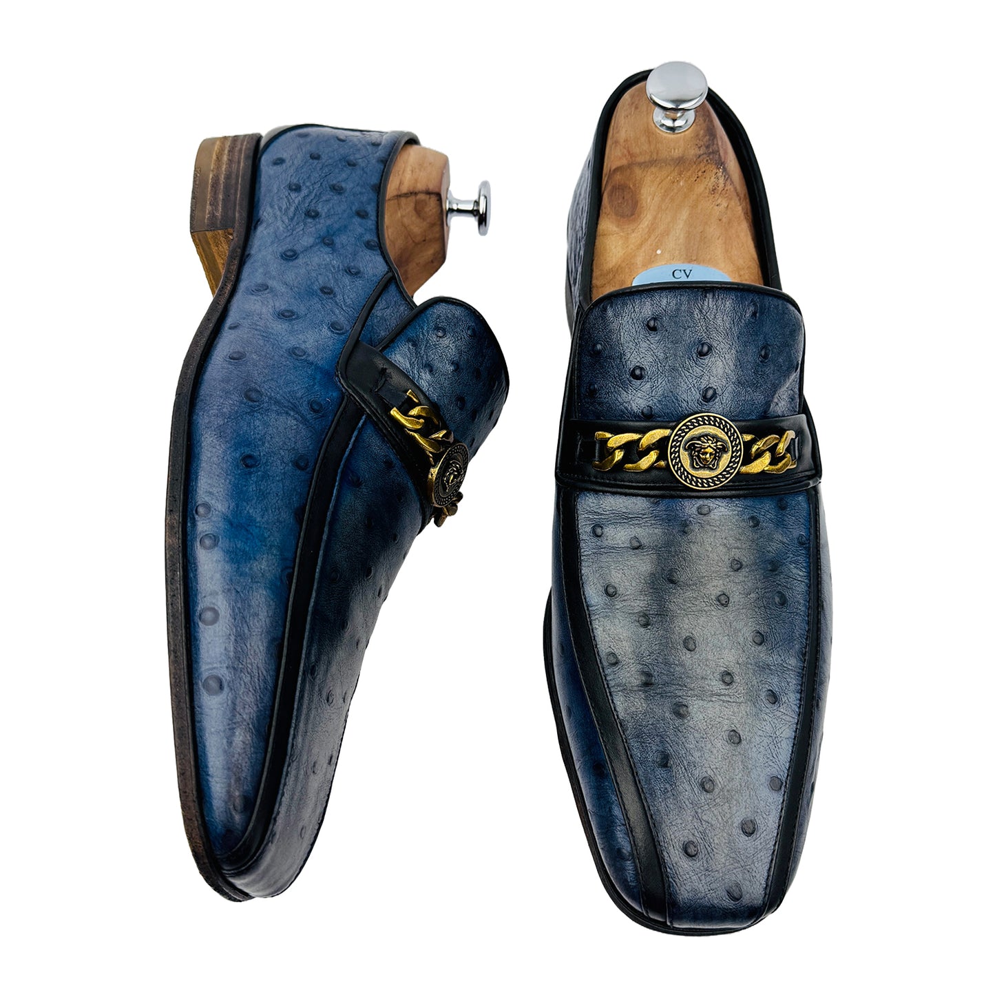 Versace Blue Ostrich Leather Medusa Chain Detail Loafers (Size 45/45.5)