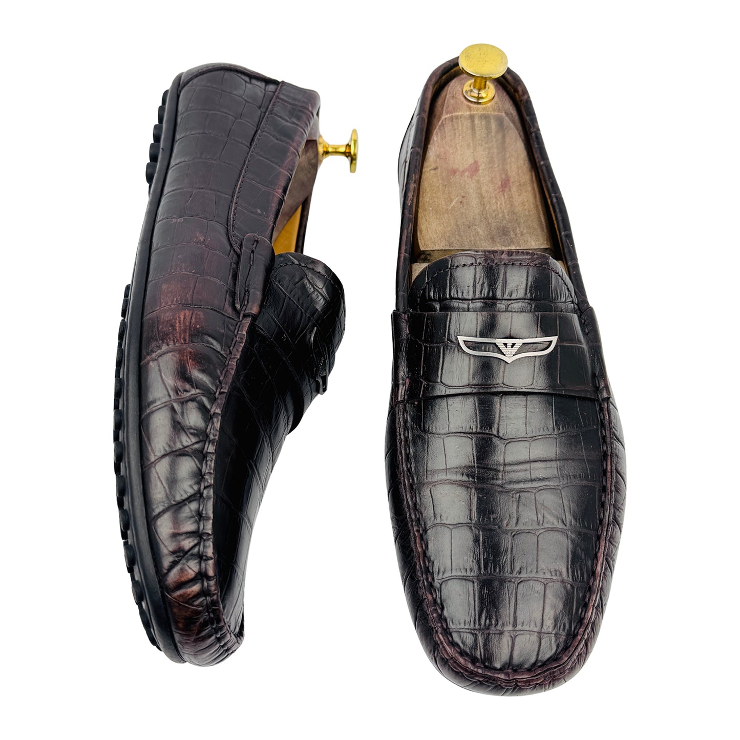 Emporio Armani Croc-Embossed Dark Brown Loafers (Size 42/42.5)