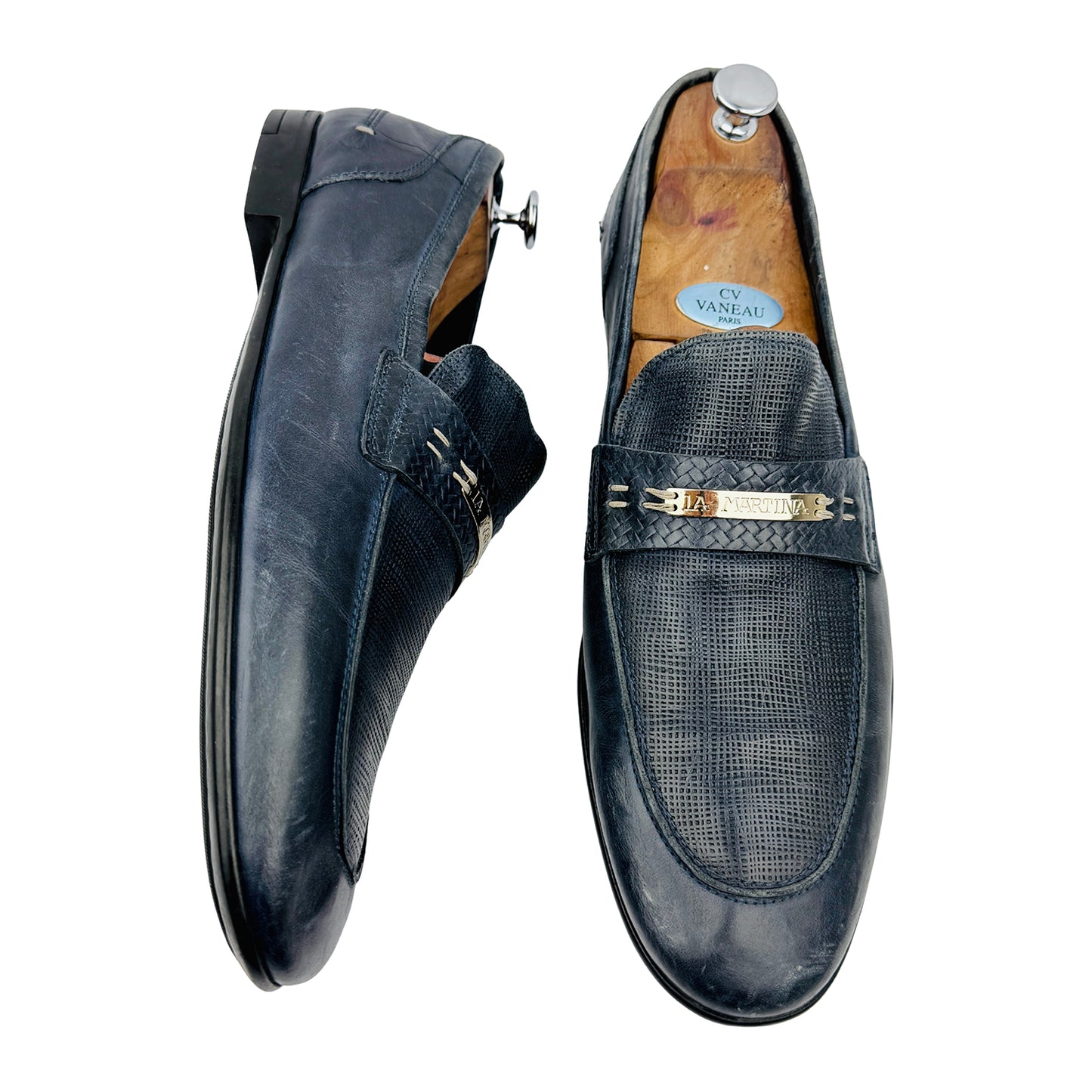 LA Martina Men's Navy Blue Leather Loafers (Size 44.5/45)