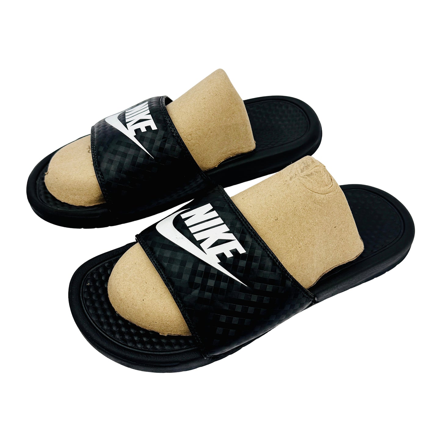 Pair of Nike Benassi JDI slides with black design on a white background