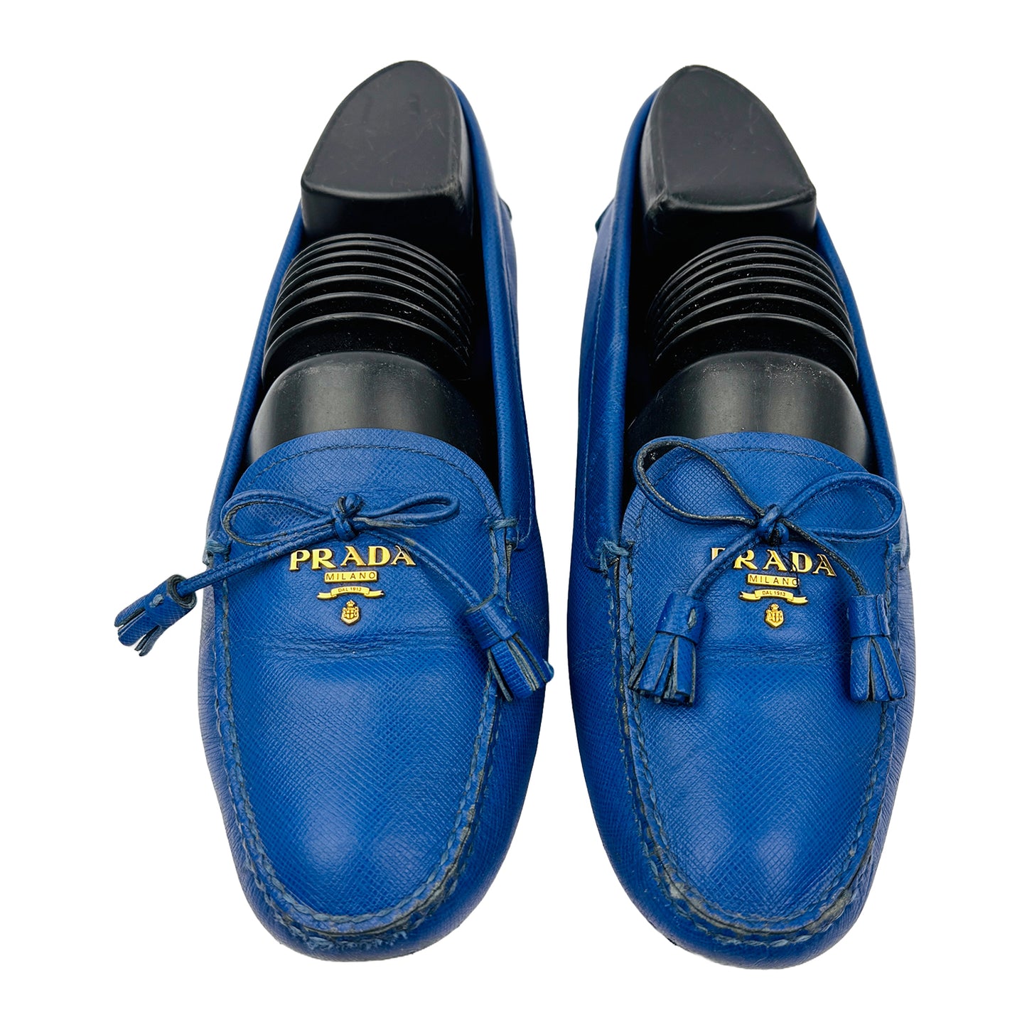Prada Saffiano Tassel Bow Blue Leather Loafers (Size 38.5)