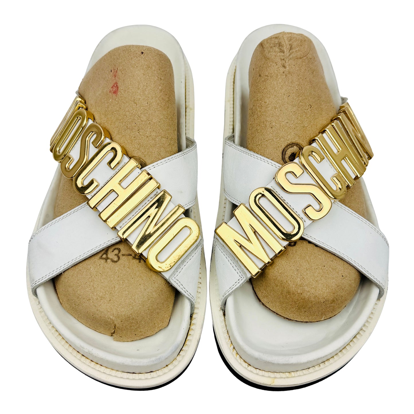 Moschino Lettering Logo Charm Leather White Slides (Size 41/42)