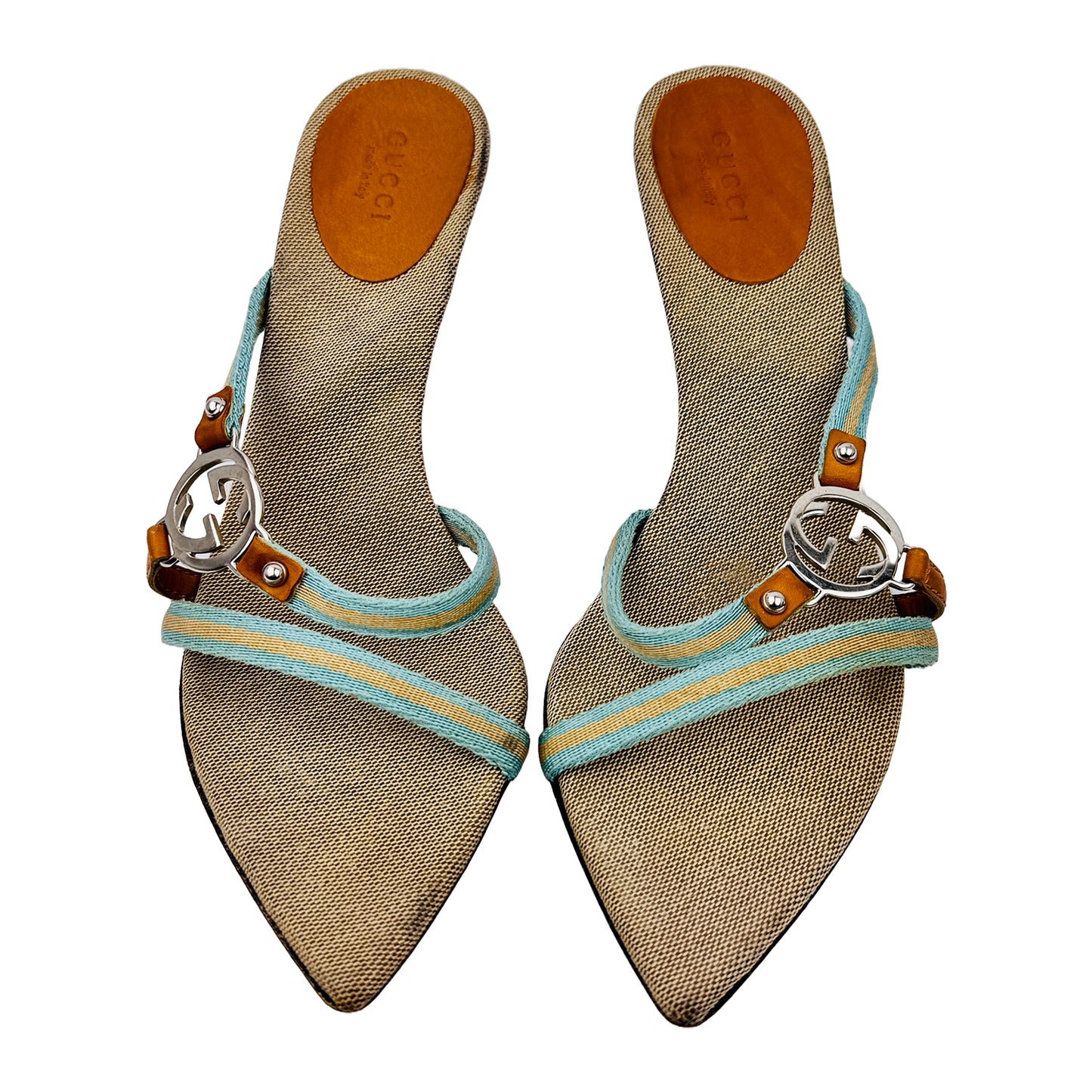 Gucci Multicolor Strap with Silver GG Logo Heels (Size 37/37.5)