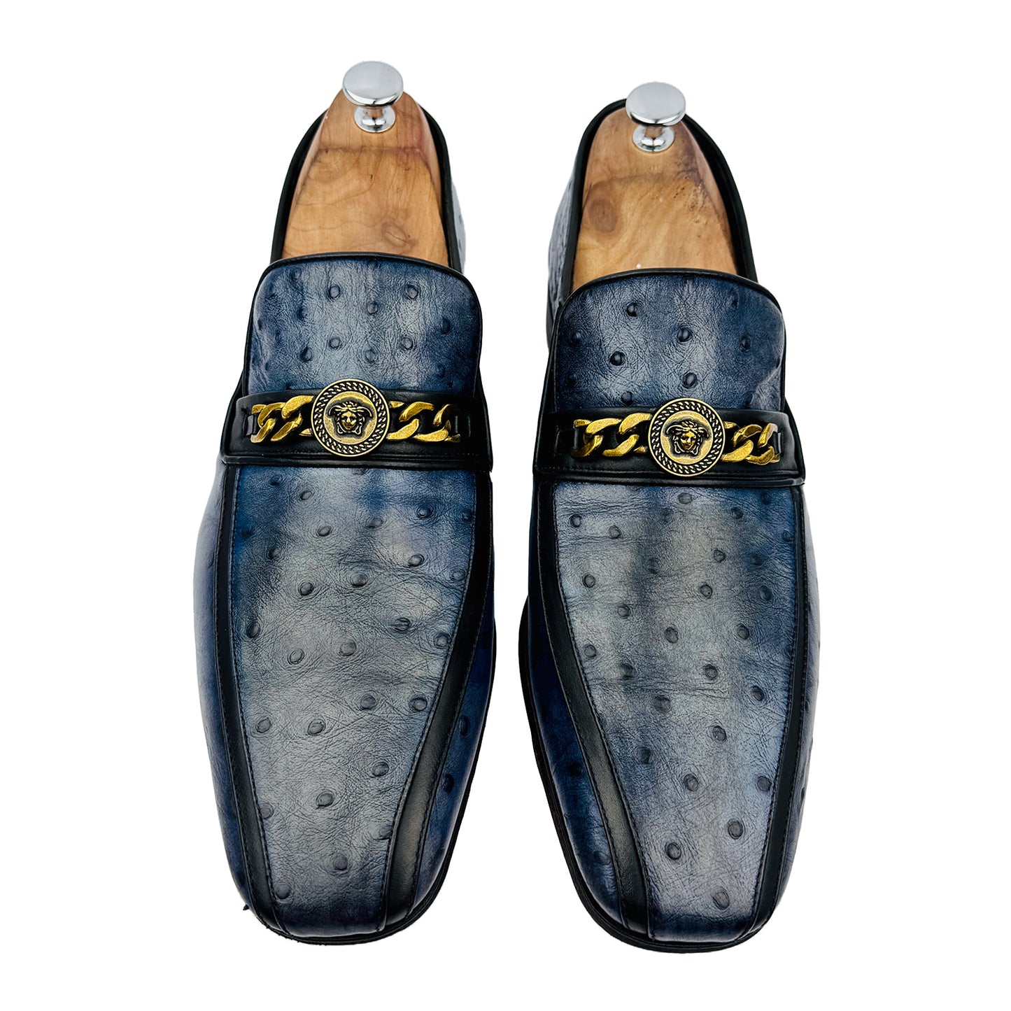 Versace Blue Ostrich Leather Medusa Chain Detail Loafers (Size 45/45.5)