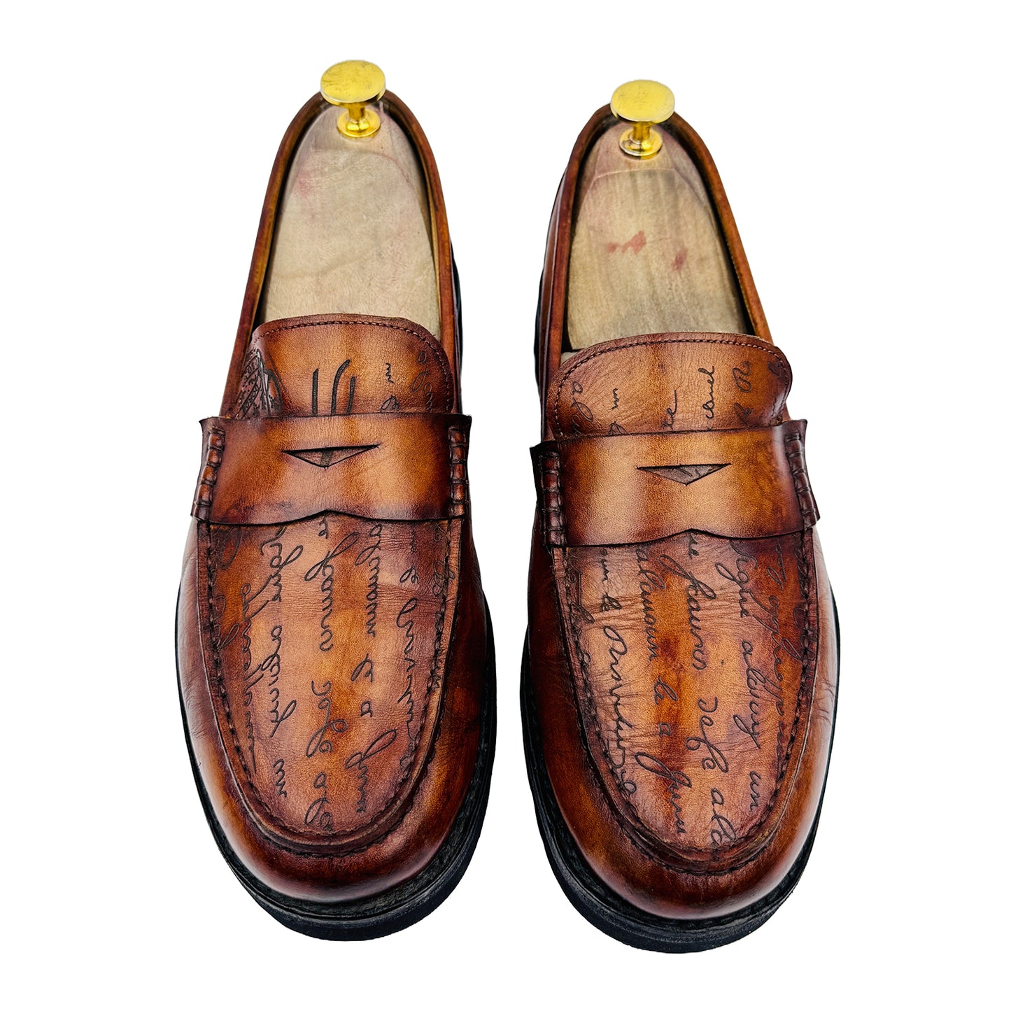 Front image of Berluti Men's Signature Scritto Patina Brown Loafers (Size 41/41.5)