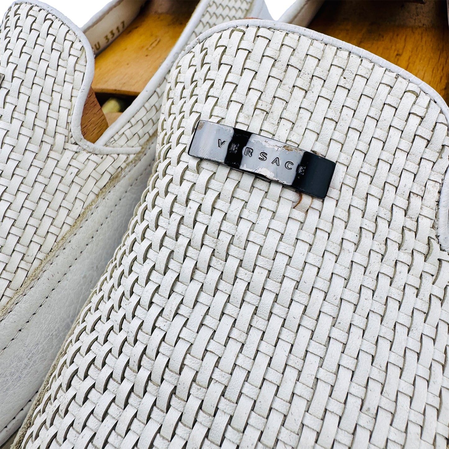 Versace Men's Woven Leather White Loafers (Size 42.5/43)