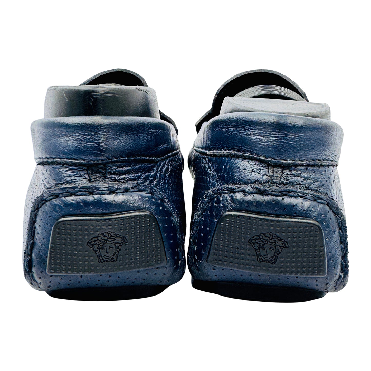 Versace Medusa Logo Embossed Blue Leather Loafers (Size 39)