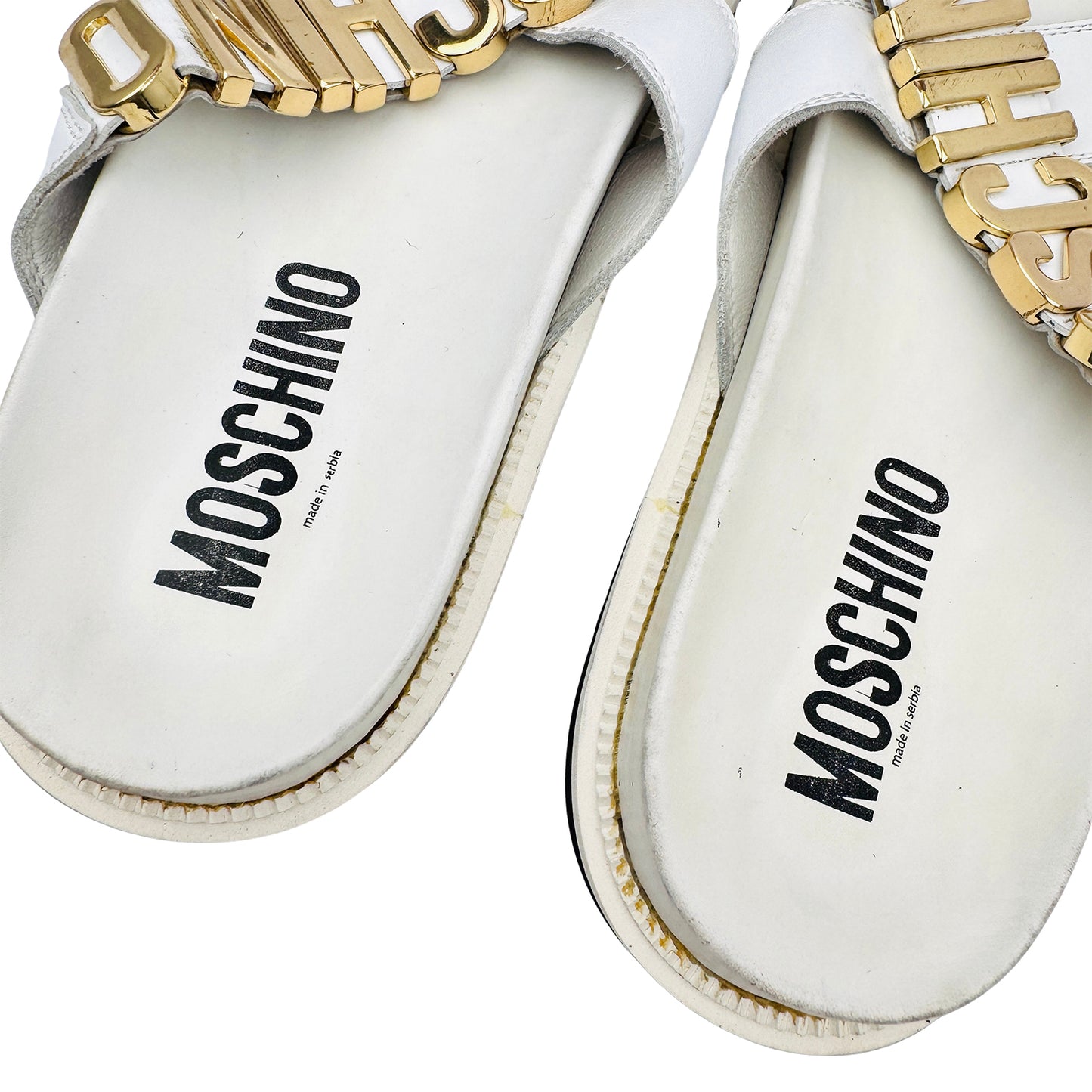 Moschino Lettering Logo Charm Leather White Slides (Size 41/42)