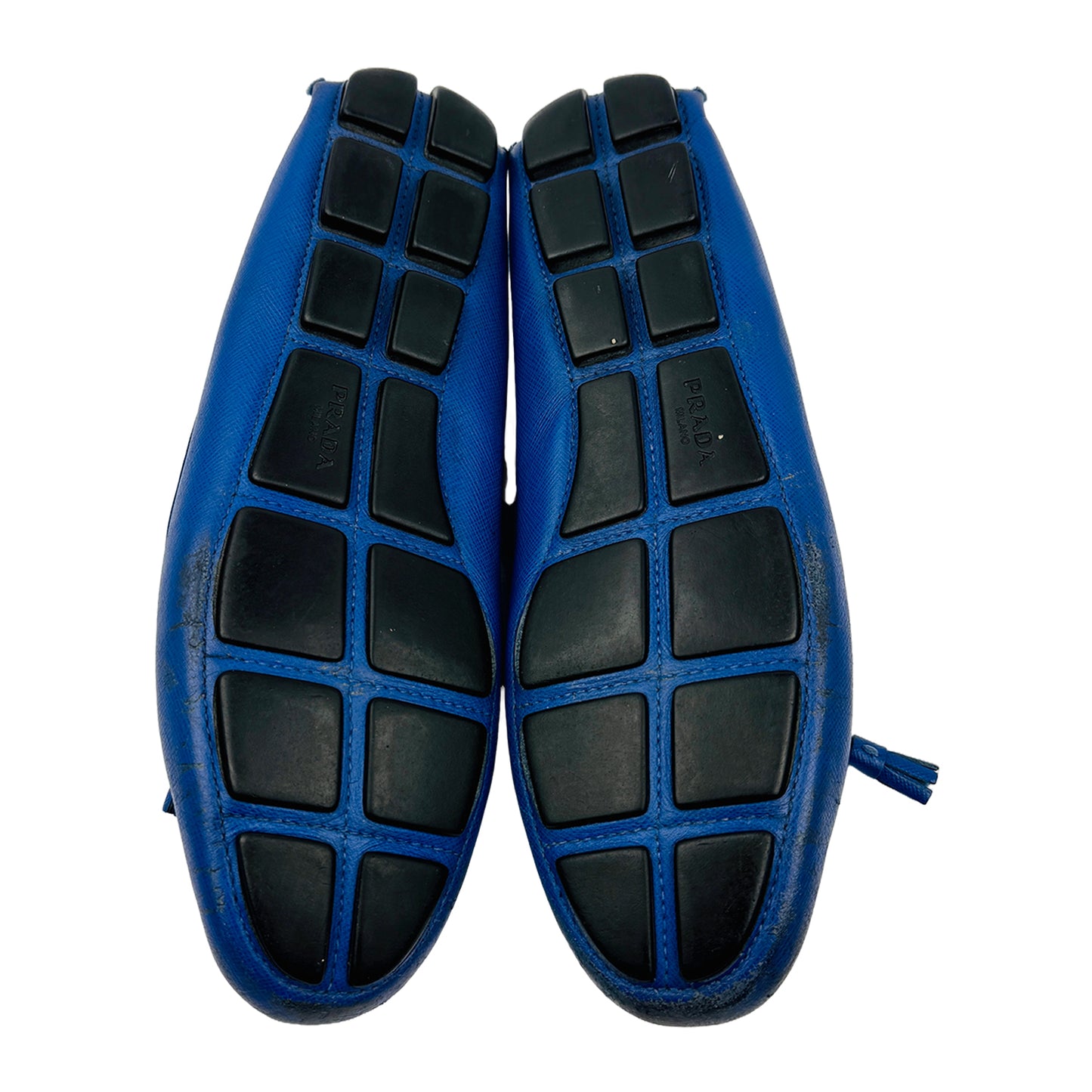 Prada Saffiano Tassel Bow Blue Leather Loafers (Size 38.5)