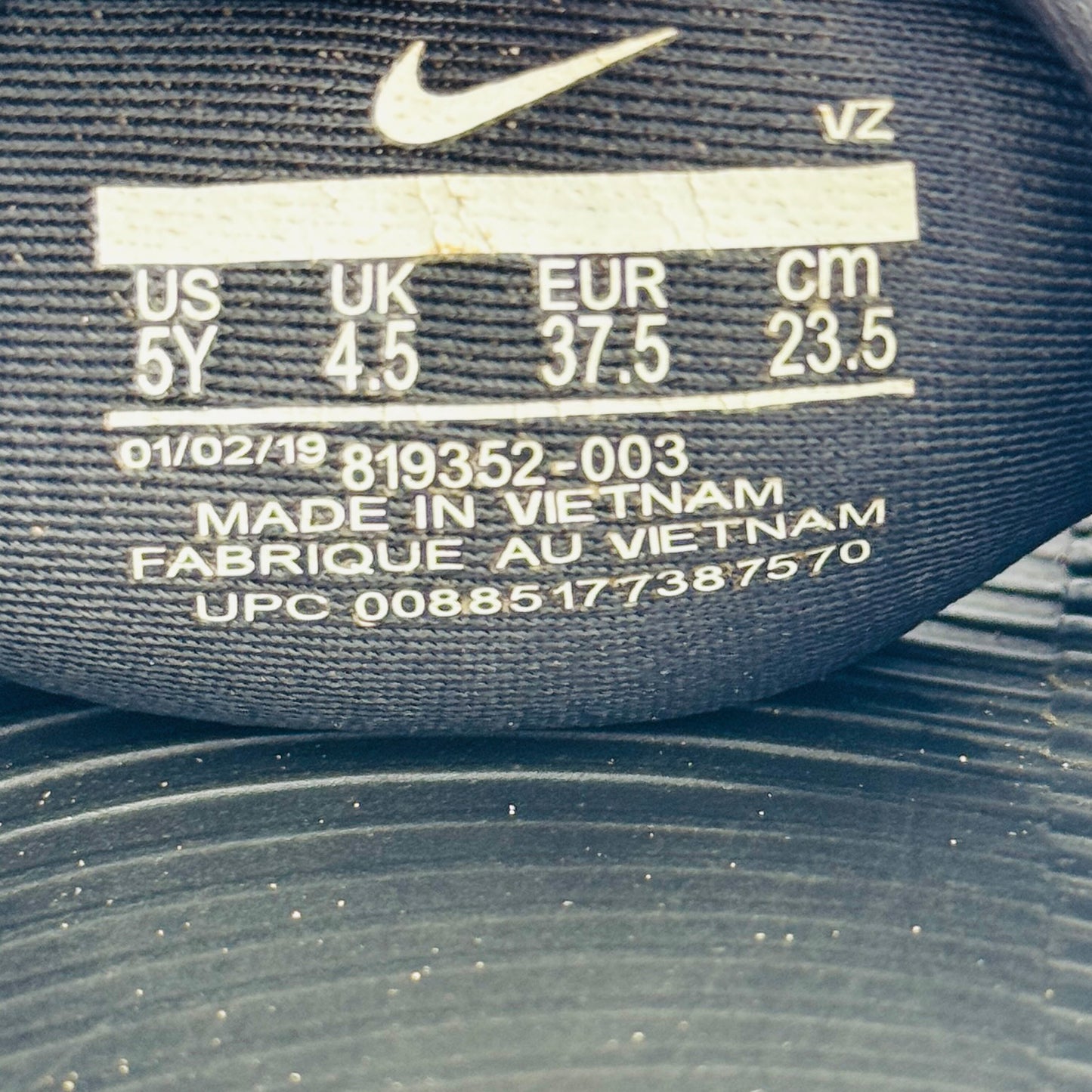 Inside Made, Size, Code printing image of Nike Kawa Big Kid's Black Slippers (Size 37.5/38) - 819352-003