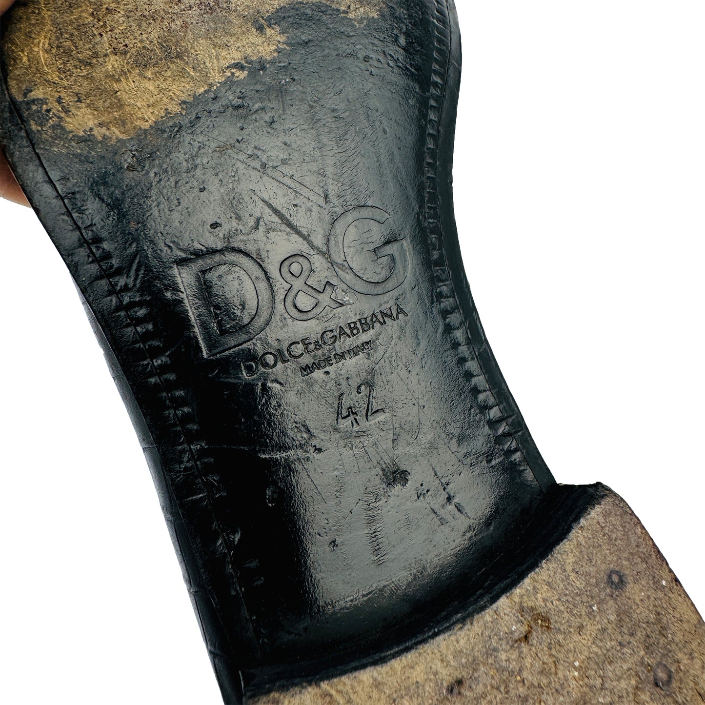 Outsole Brand, Made, Size embossing closeup image of Dolce & Gabbana Men's Black Crocodile Leather Loafers (Size 42.5/43)
