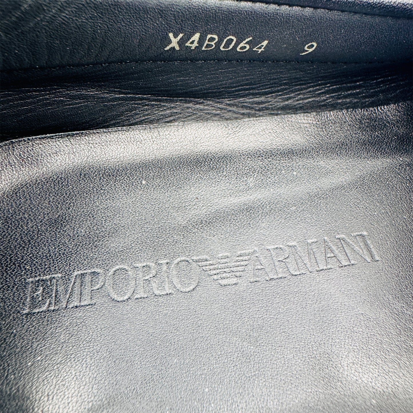 Inside Sole Brand, Code printing image of Emporio Armani Men's Black Textured Loafers (Size 42.5/43) - X4B064