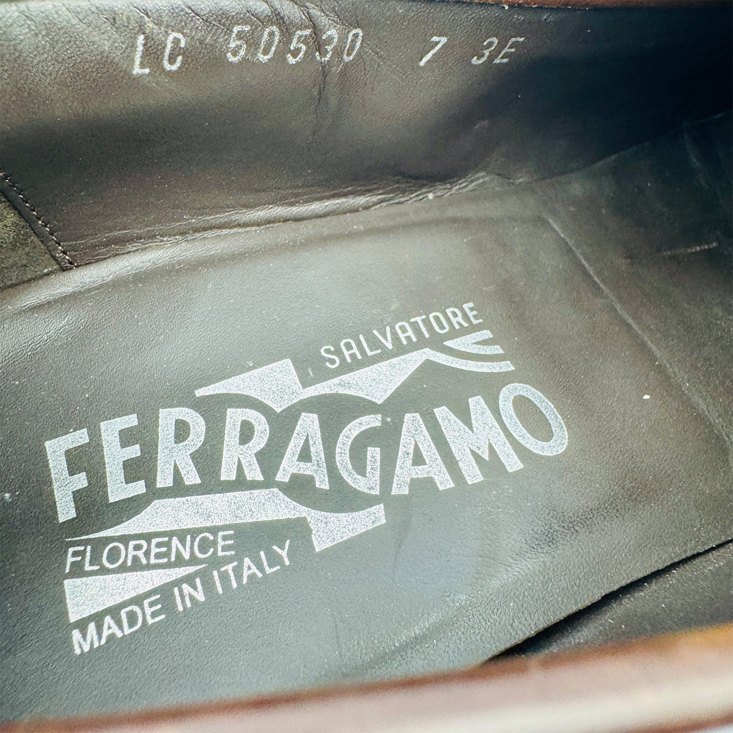 Inside Sole Brand, Made printing image of Salvatore Ferragamo Men's Gancini Embossed Brown Loafers (Size 41.5/42)