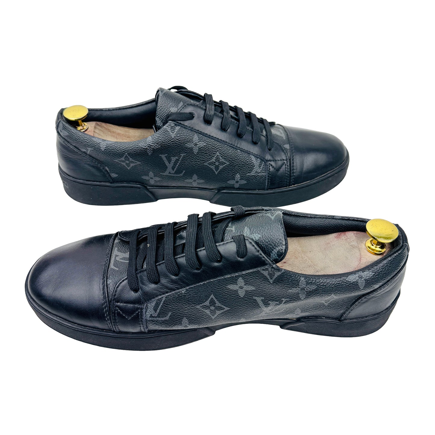 Cross Image of Louis Vuitton Match Up Monogram Eclipse Sneakers (Size 42.5)