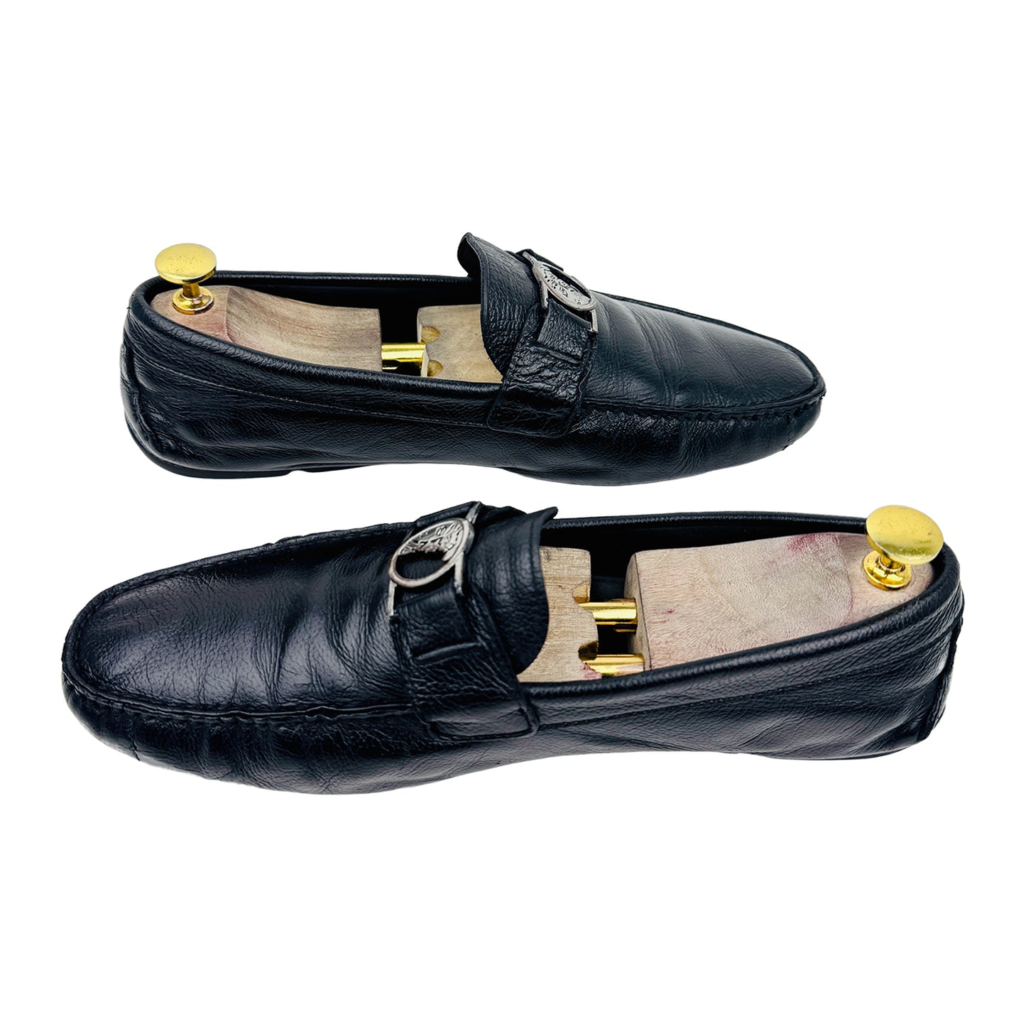 Cross Image of Versace Medusa Embellished Black Loafers (Size 42.5/43)