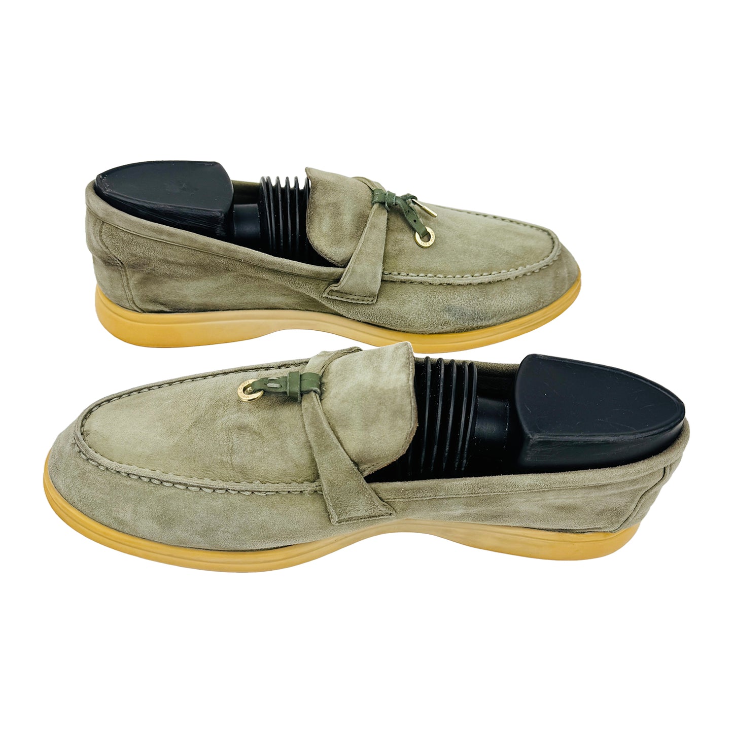 Cross image of Loro Piana Unisex Summer Charms Walk Olive Green Loafers (Size 39)