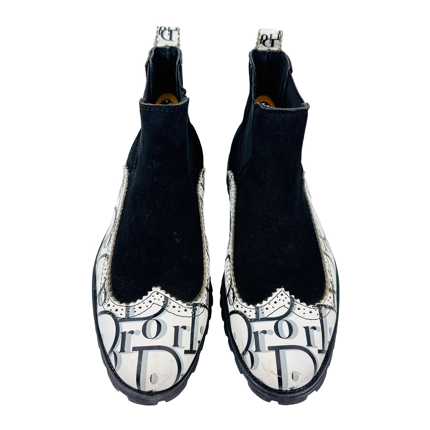Front image of Dior Men's Black And White Oblique Chelsea Boots (Size 43)