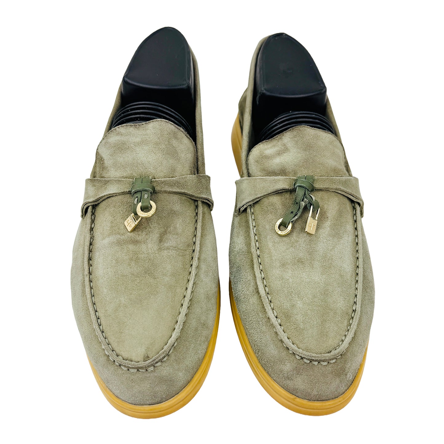 Front image of Loro Piana Unisex Summer Charms Walk Olive Green Loafers (Size 39)