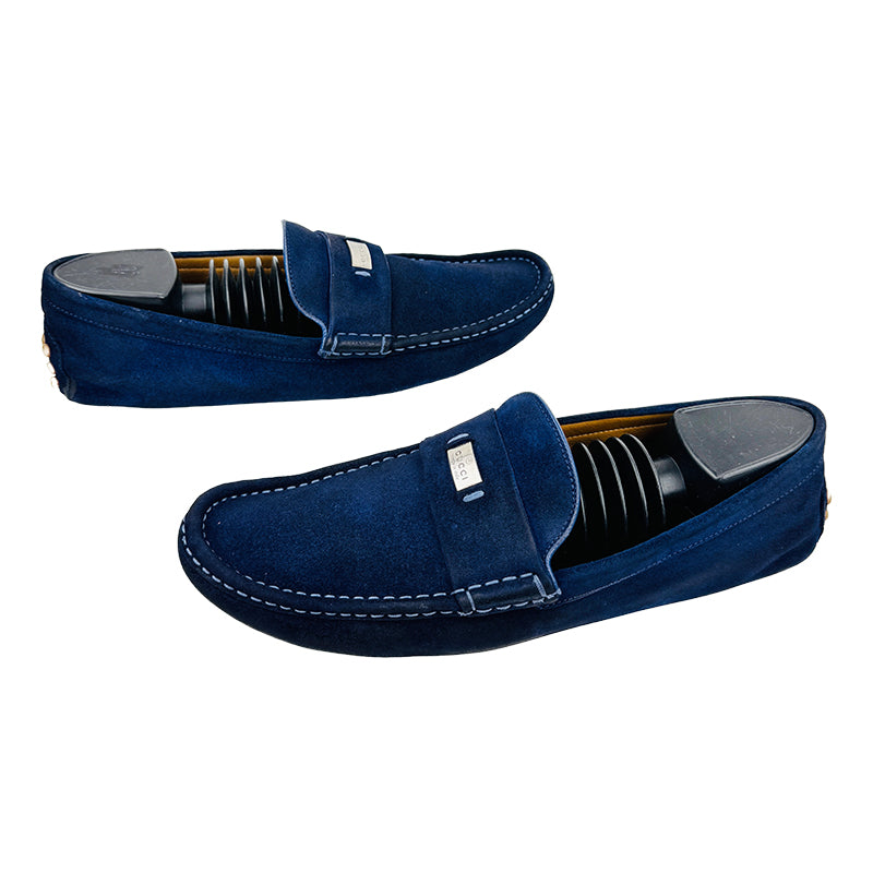 Gucci Men's Navy Blue Suede Loafer Shoes (Size 44/44.5)