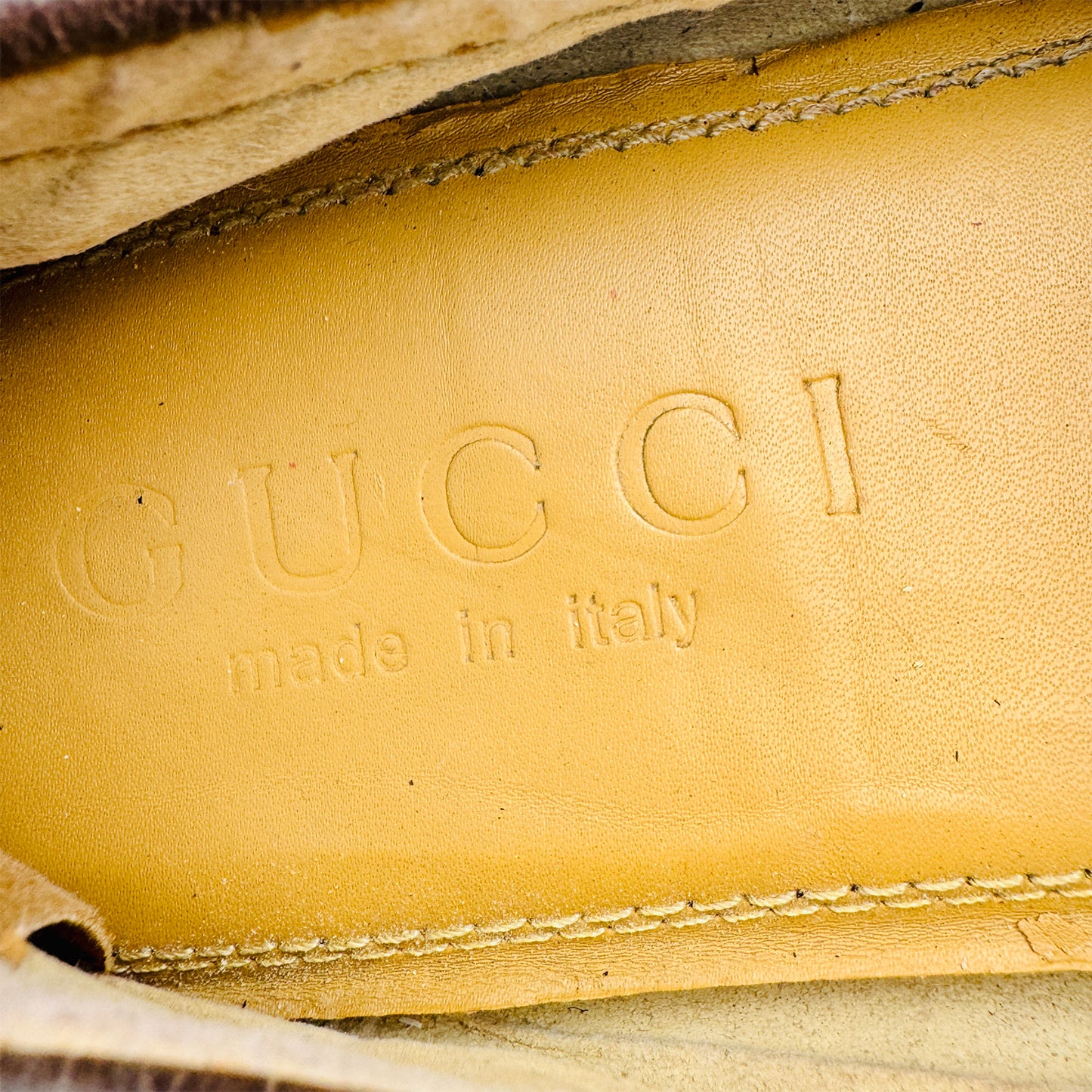 Inside Sole Logo Image of Gucci Men's GG Buckle Brown Leather Loafers (Size 42)