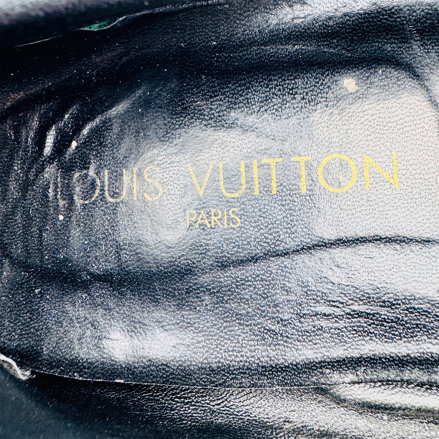 Inside Sole Logo Printing Image of Louis Vuitton Damier Embossed Bow Black Loafers (Size 43)