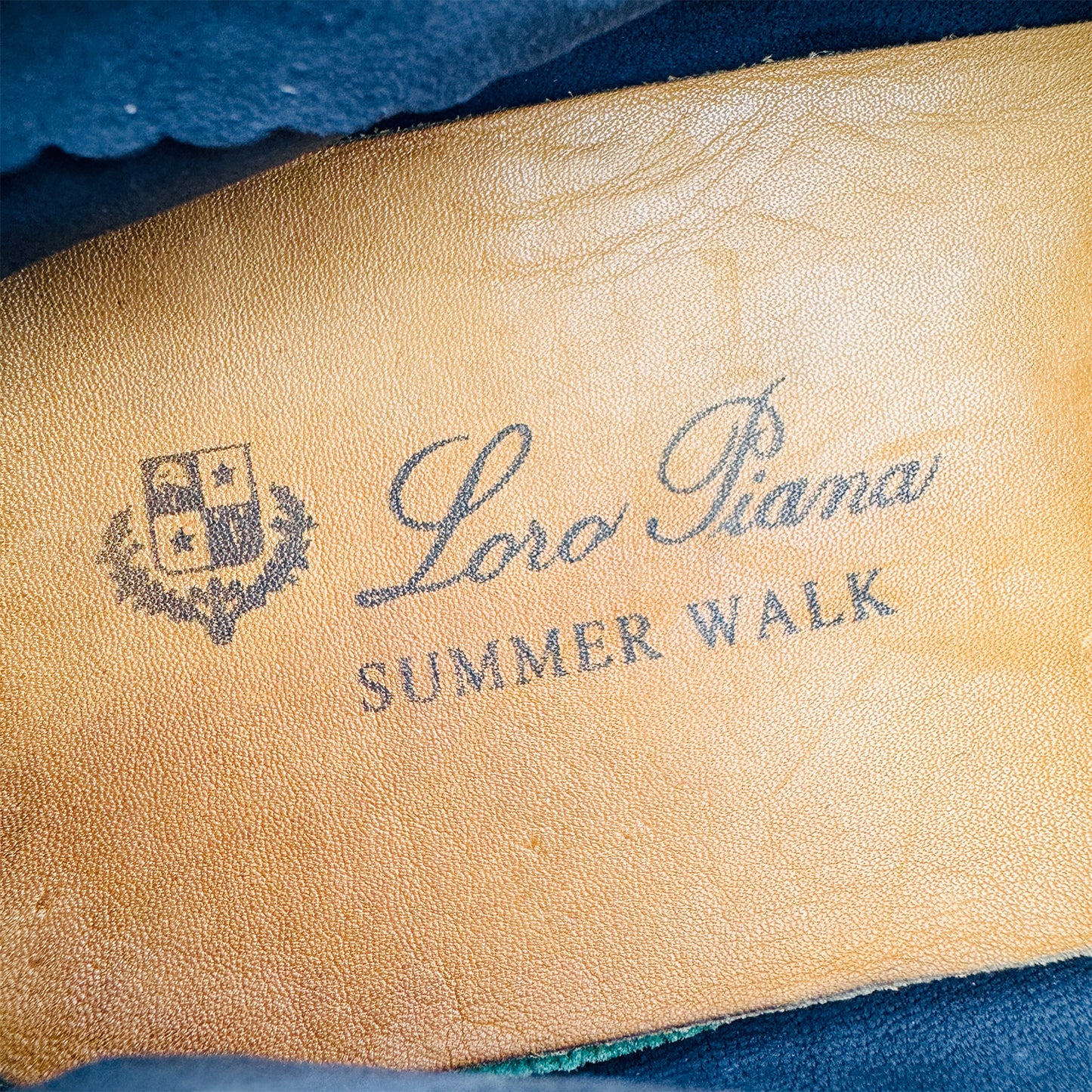 Inside Sole Printing of Loro Piana Summer Charms Walk Blue Loafers (Size 42)